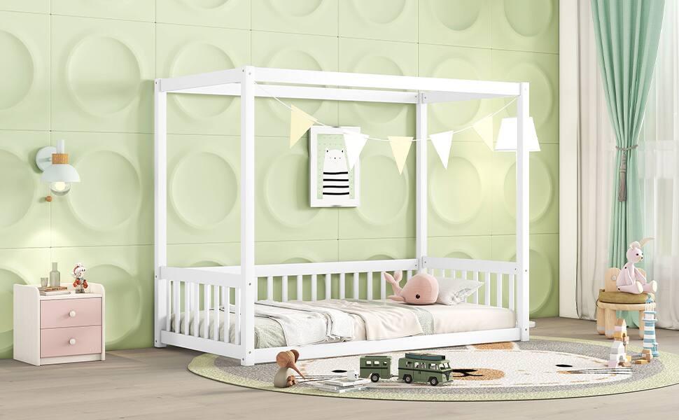 Alt View 4. Tiramisubest - Twin Size Canopy Frame Floor Bed with Fence, Guardrails,White - White.