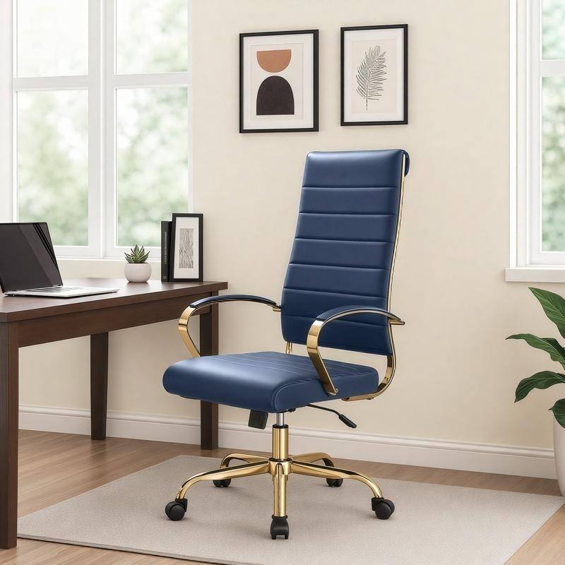 Angle. LeisureMod - Benmar High-Back Leather Office Chair with Gold Accents, Adjustable Height, Swivel and Tilt Conference Desk Chair - Navy Blue.