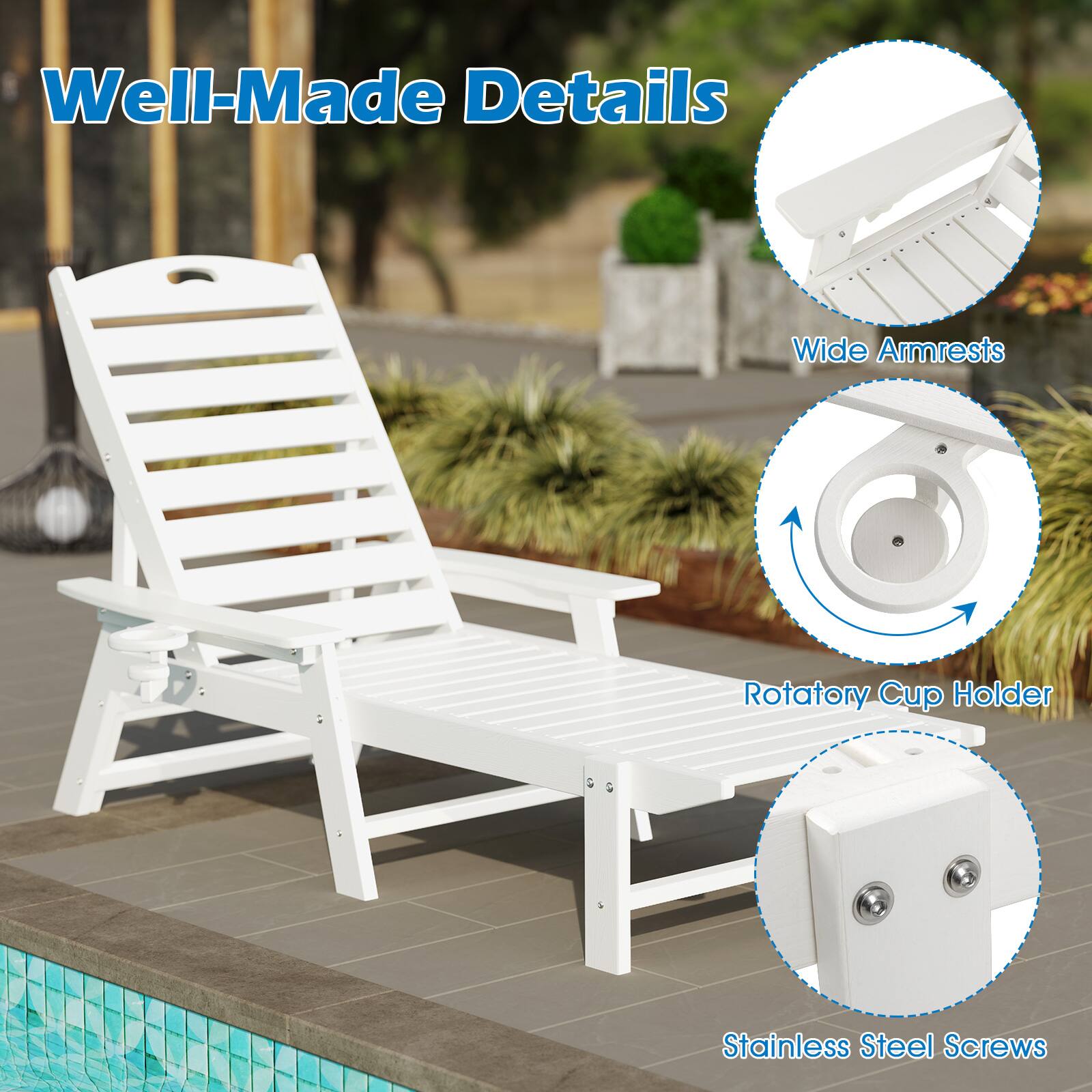 Well-Made Details
Wide Armrests
Rotatory Cup Holder
Stainless Steel Screws