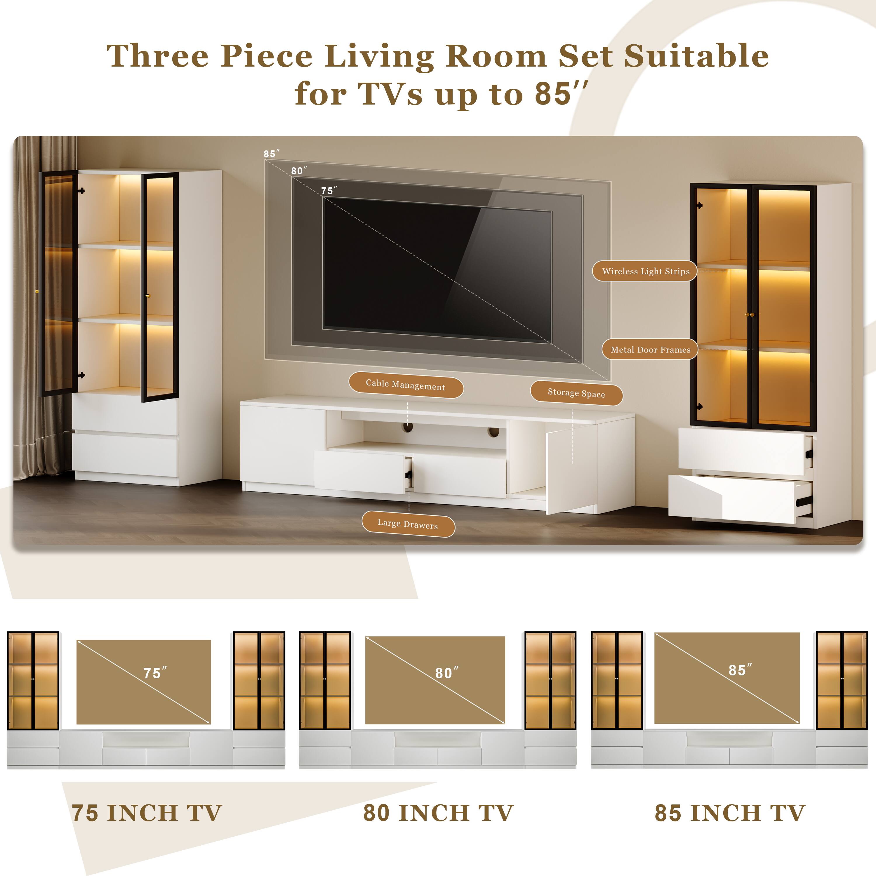 Alt View 4. MSOOB - 126" Entertainment Center for TV Up To 85'', Living Room Cabinet Set Includes TV Stand and Two Glass Display Cabinet - White.