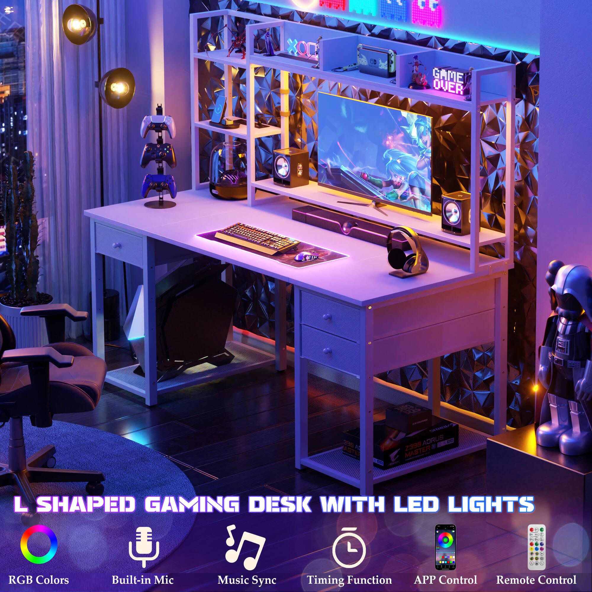 L SHAPED GAMING DESK WITH LED LIGHTS RGB Colors Built-in Mic Music Sync Timing Function APP Control Remote Control