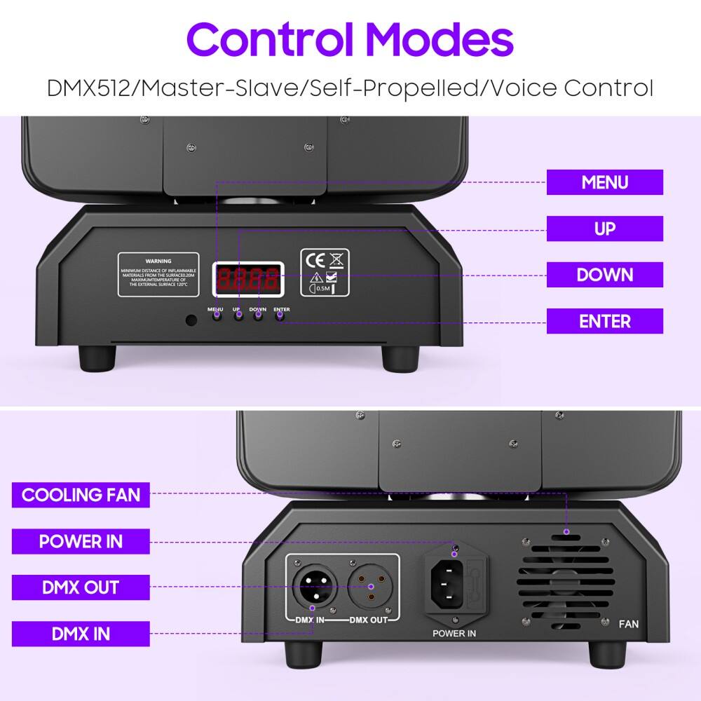 Control Modes  
DMX512/Master-Slave/Self-Propelled/Voice Control  

MENU  
UP  
DOWN  
ENTER  

COOLING FAN  
POWER IN  
DMX OUT  
DMX IN