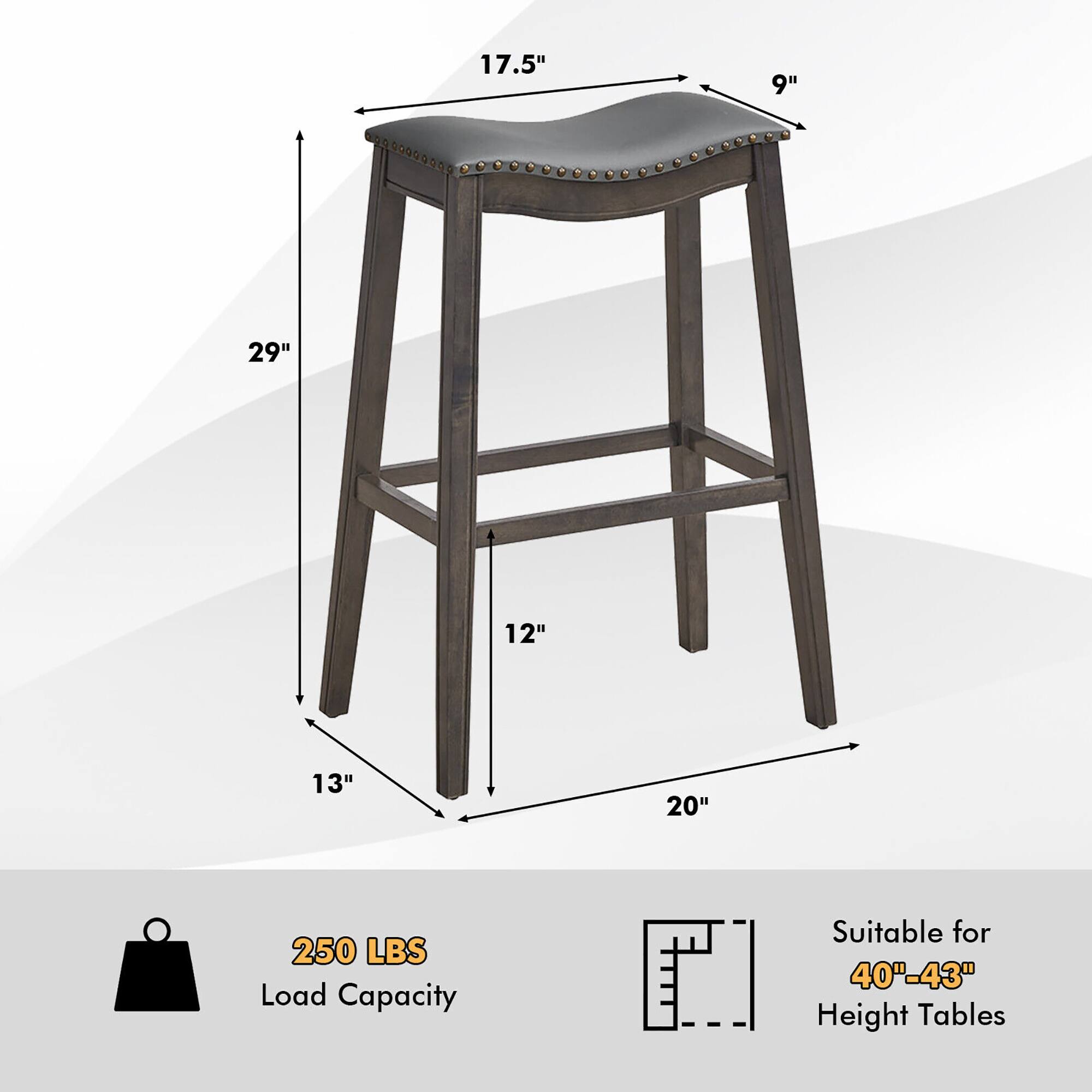17.5", 9", 29", 12", 13", 20", 250 LBS Load Capacity, Suitable for 40"-43" Height Tables