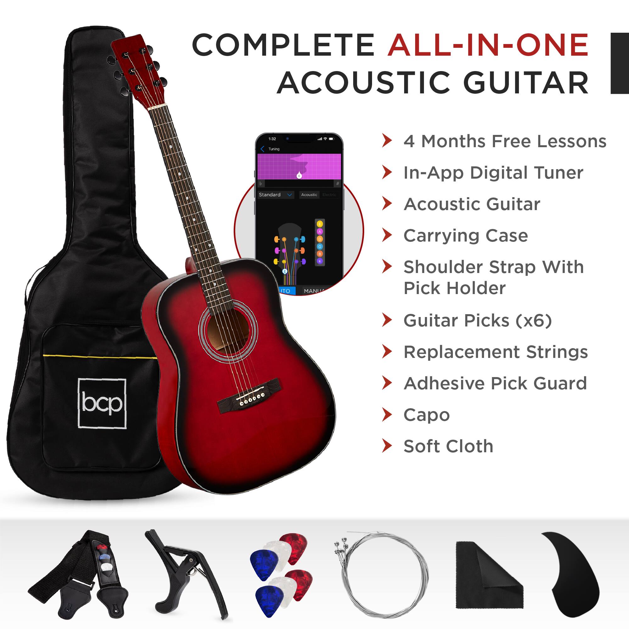 COMPLETE ALL-IN-ONE ACOUSTIC GUITAR

- 4 Months Free Lessons
- In-App Digital Tuner
- Acoustic Guitar
- Carrying Case
- Shoulder Strap With Pick Holder
- Guitar Picks (x6)
- Replacement Strings
- Adhesive Pick Guard
- Capo
- Soft Cloth