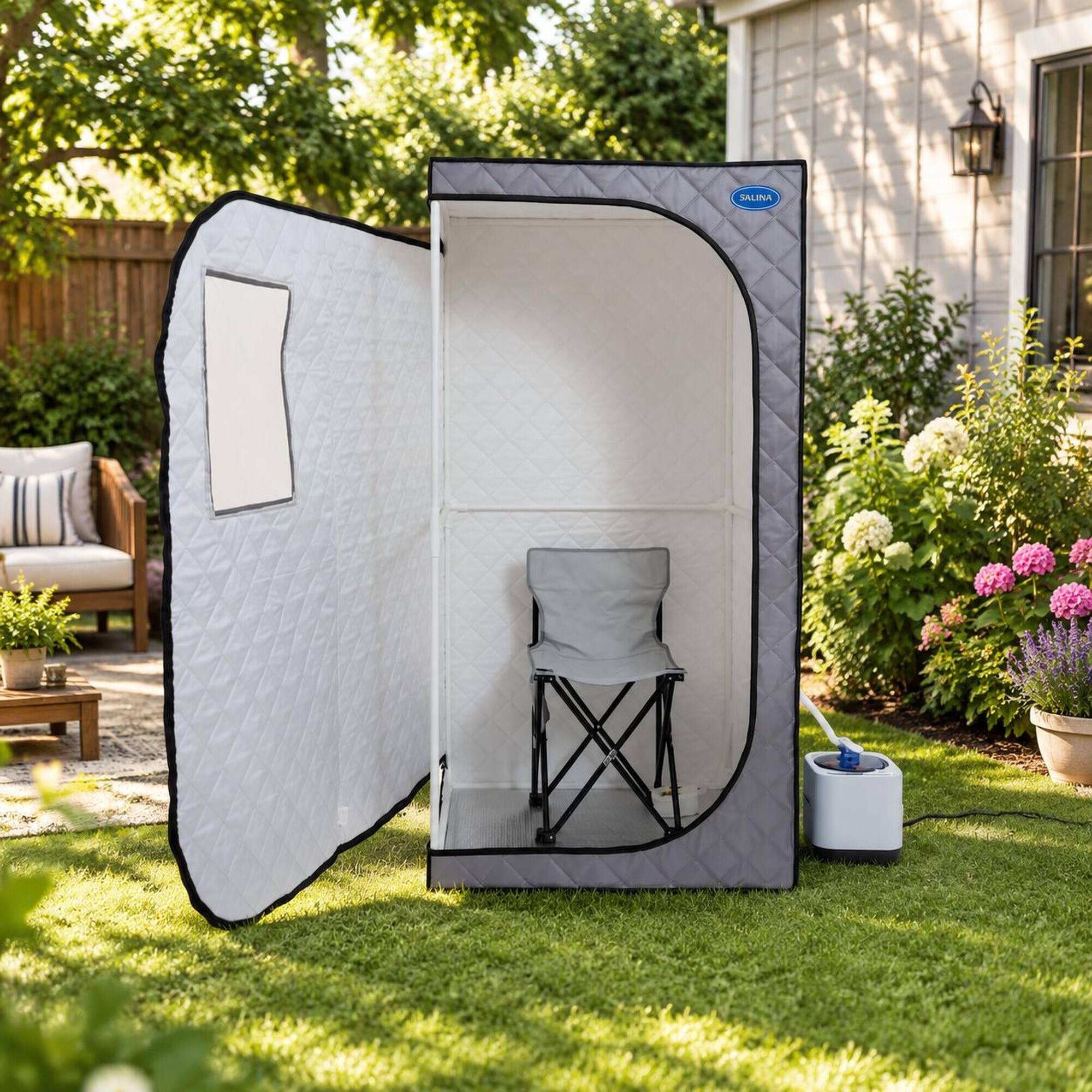 Alt View 2. RYHNUYNE - Portable Grey Steam Sauna Tent, Personal Home Spa, 2.2L Steam Generator, Remote Control, Foldable Chair, PVC Pipe - Cement Grey.