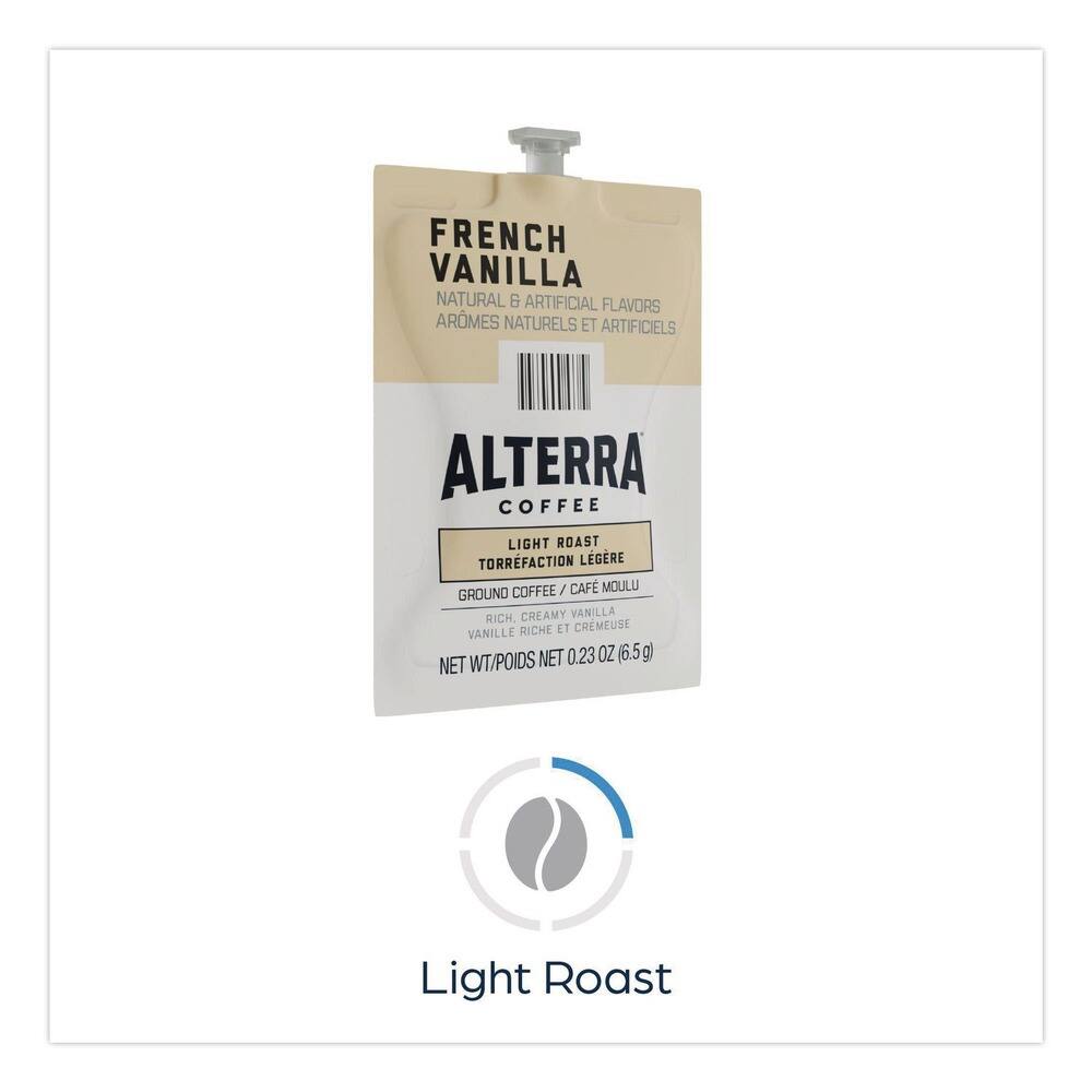 FRENCH VANILLA  
NATURAL & ARTIFICIAL FLAVORS  
ARÔMES NATURELS ET ARTIFICIELS  

ALTERRA  
COFFEE  
LIGHT ROAST  
TORRÉFACTION LÉGÈRE  

GROUND COFFEE / CAFÉ MOULU  
RICHE, CRÉMEUSE VANILLE  
RICH, CREAMY VANILLA  

NET WT/POIDS NET 0.23 OZ (6.5g)  

Light Roast