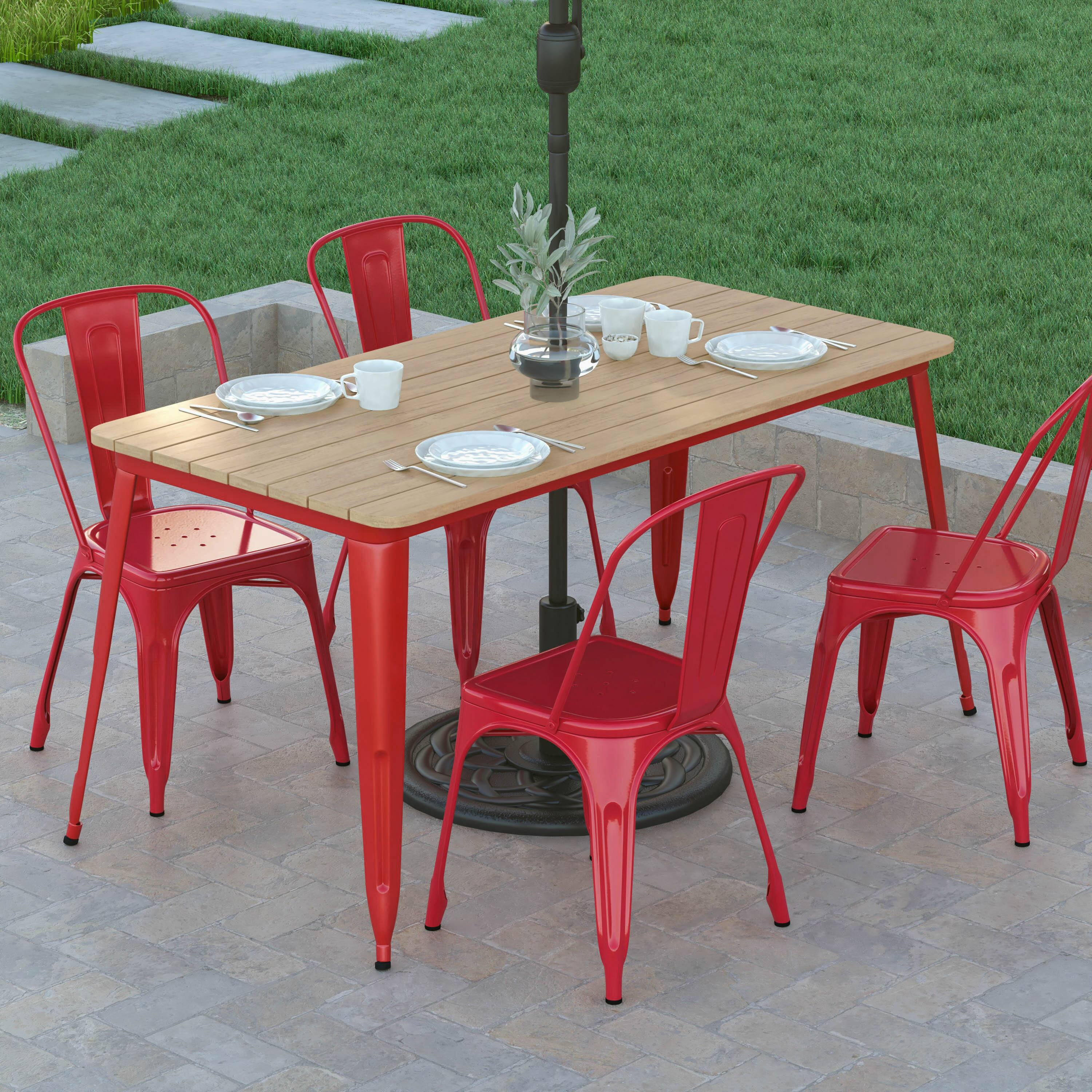 Alt View 3. Emma + Oliver - 30"x60" RECT Poly Resin Restaurant Table with Umbrella Hole - Brown Top/Red Frame.