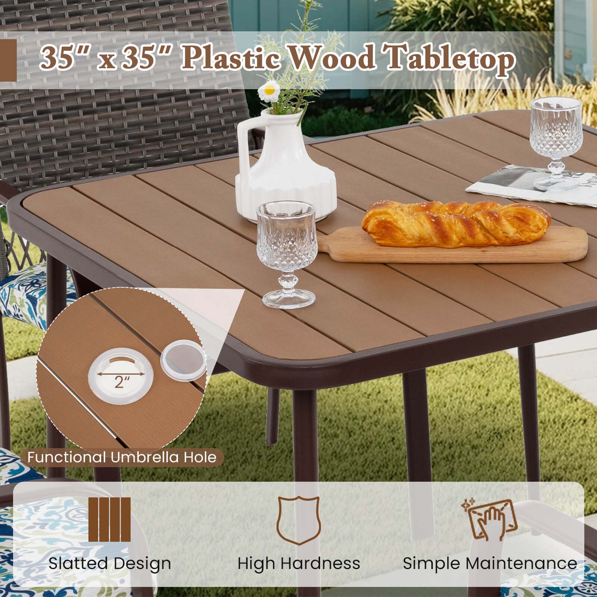 The text on the image is grouped and corrected as follows:

"35" x 35" Plastic Wood Tabletop with 2" Functional Umbrella Hole, Slatted Design, High Hardness, and Simple Maintenance."