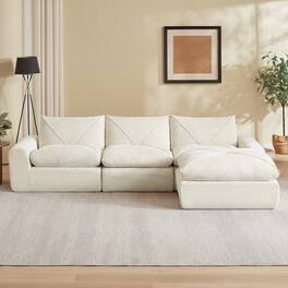 Loheer - 119 Inch Chenille Sectional Sofa with Ottoman Modern Minimalist Living Room Couch for Family - Beige