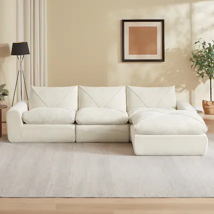 Front. Loheer - Loheer 119 Inch Chenille Sectional Sofa with Ottoman Modern Minimalist Living Room Couch for Family - Beige.