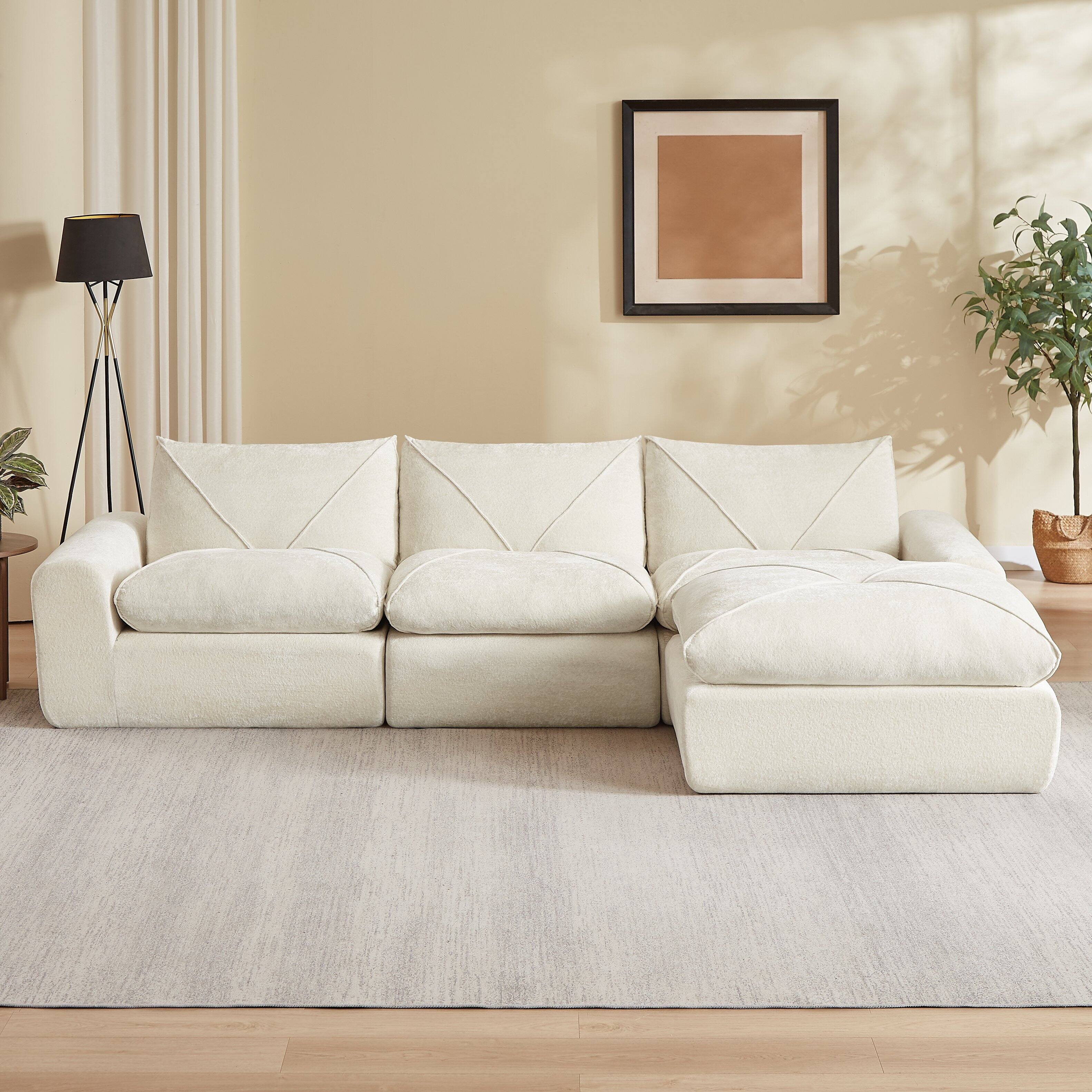 Front. Loheer - Loheer 119 Inch Chenille Sectional Sofa with Ottoman Modern Minimalist Living Room Couch for Family - Beige.