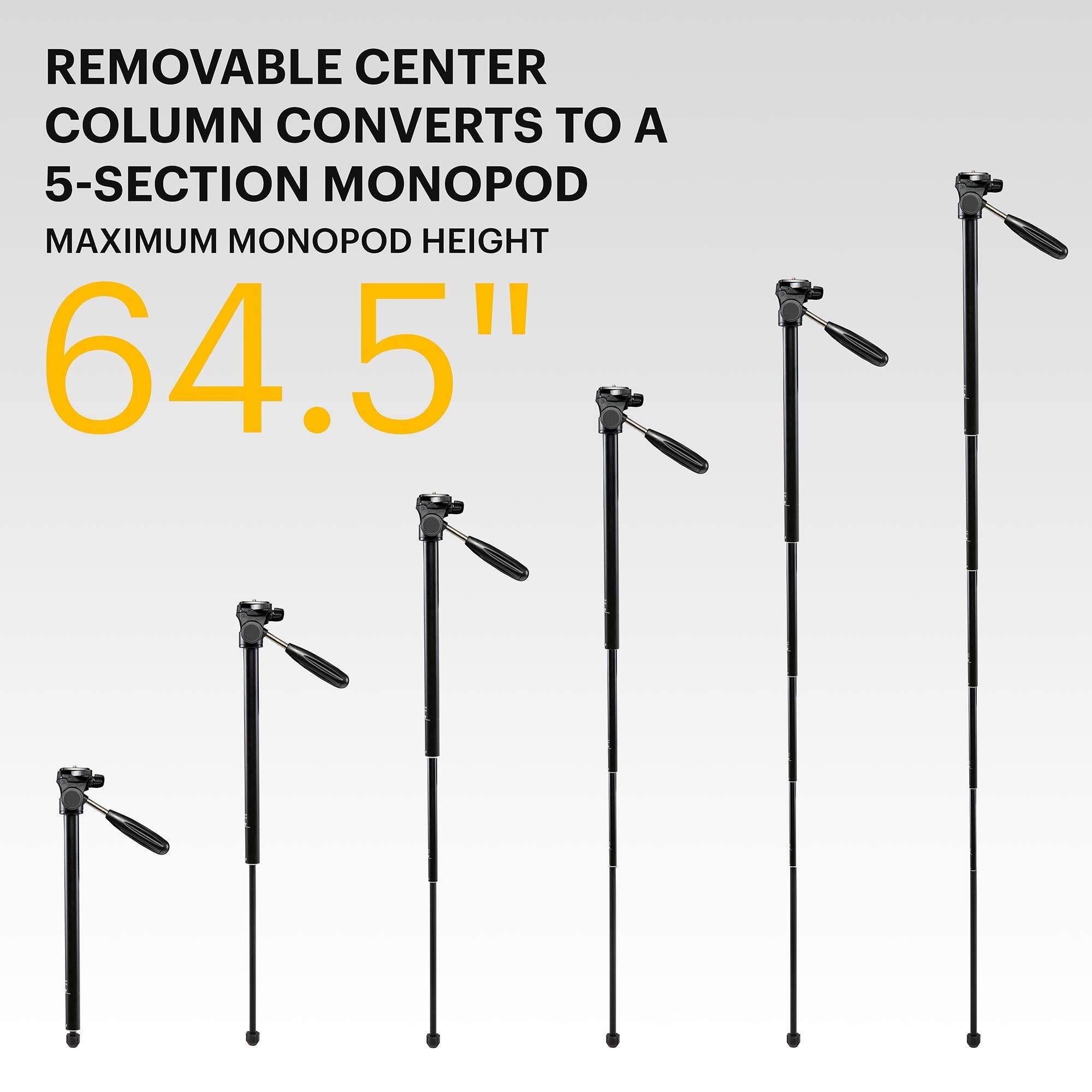 REMOVABLE CENTER COLUMN CONVERTS TO A 5-SECTION MONOPOD  
MAXIMUM MONOPOD HEIGHT 64.5"