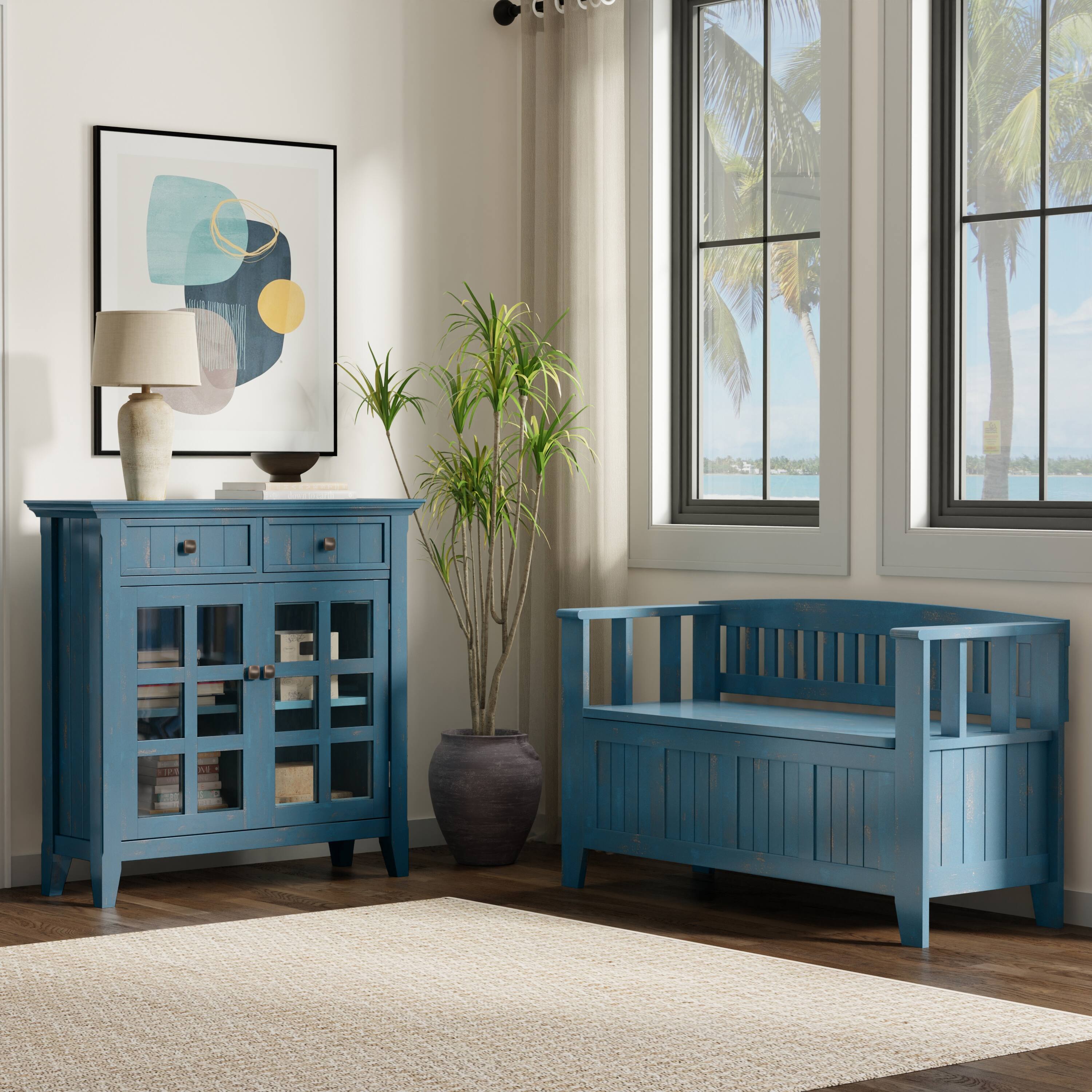 Angle. Simpli Home - Acadian Solid Wood 48 inch Wide Storage Bench and 36 inch Wide Storage Cabinet in Distressed Coastal Blue - Distressed Coastal Blue.