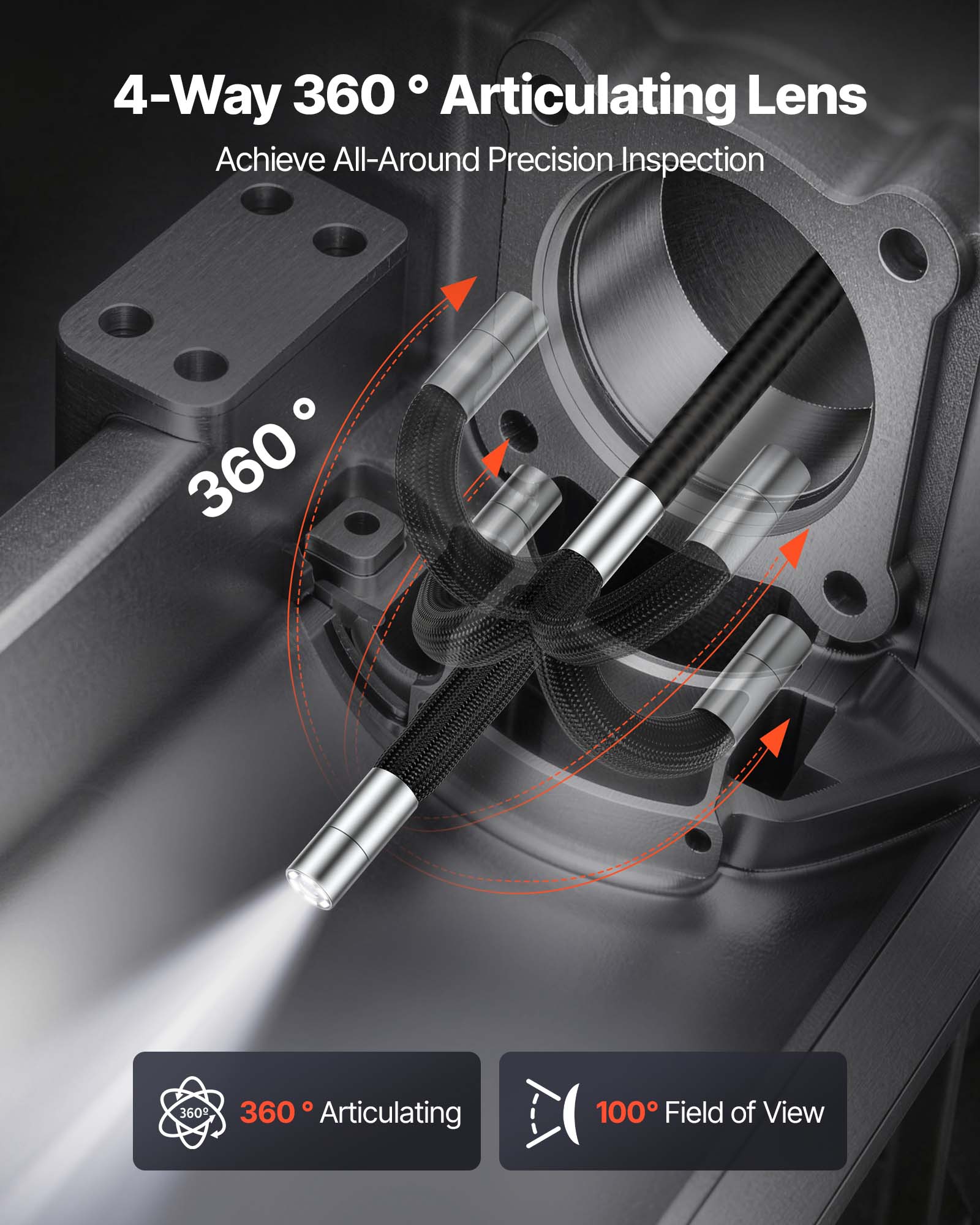 4-Way 360° Articulating Lens  
Achieve All-Around Precision Inspection  

360° Articulating  
100° Field of View
