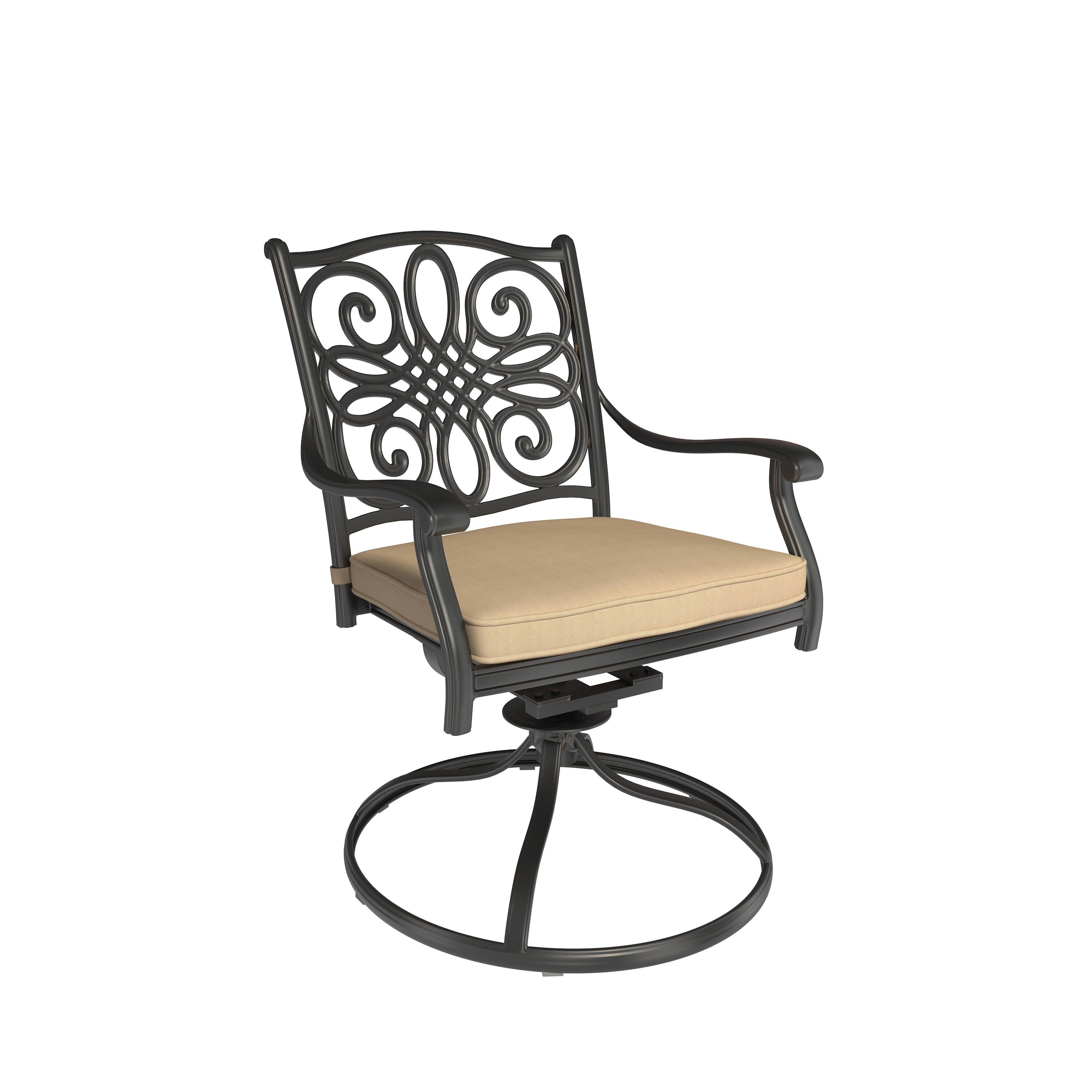 Alt View 5. Mondawe - 7-Piece Cast Aluminum Dining Set with Round Tile-Top Table and Swivel Chairs - Black+Brown.