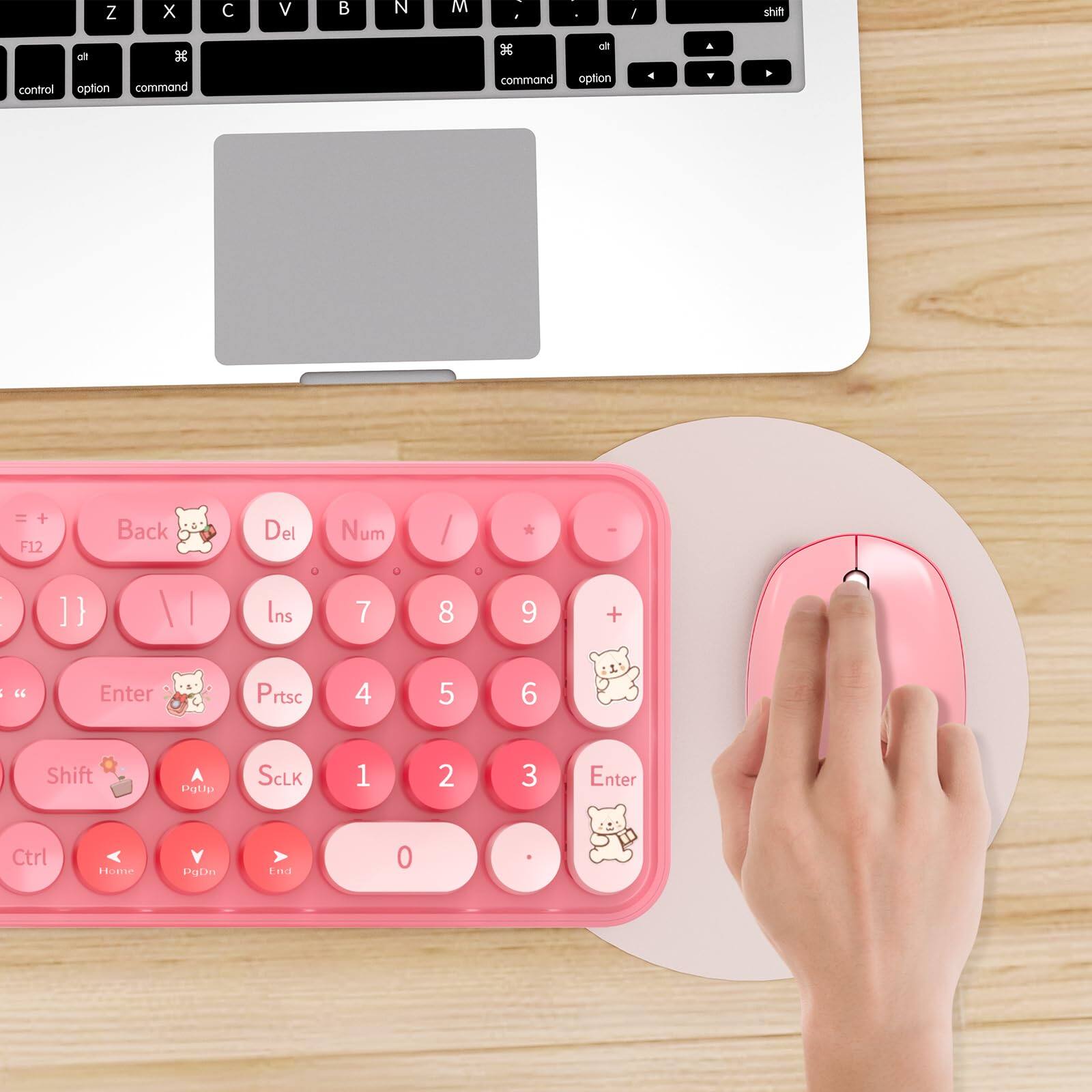 Sure, here is the corrected and grouped text from the image:

**Top Row:**
- Z X C V B N M , . / 

**Second Row:**
- A S D F G H J K L ; '

**Third Row:**
- control option command command -n option . a . = + F12 Back Del Num / * | 1} ] } | 

**Fourth Row:**
- shift 7 8 9 + | Enter Prtsc 4 5 6 

**Fifth Row:**
- Shift PgUp SCLK 1 2 3 Enter Ctrl Home PgDn 0 

**Pink Keyboard:**
- = + Back Del Num / * | 1} ] } | Enter Prtsc 4 5 6 Shift SCLK 1 2 3 Enter Ctrl Home PgDn 0 

**Mouse:**
- (No text, just a pink mouse)