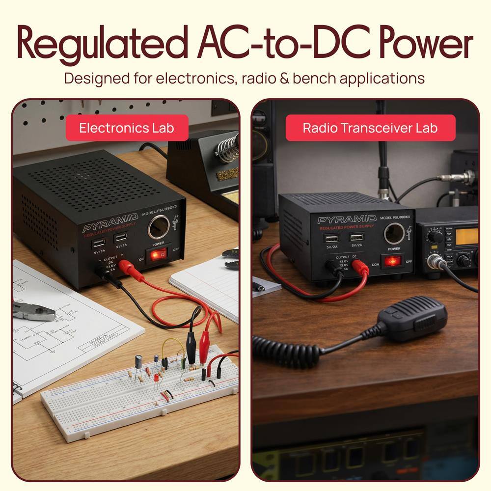 Regulated AC-to-DC Power  
Designed for electronics, radio & bench applications  

Electronics Lab  
Radio Transceiver Lab  

PYRAMID  
REGULATED POWER SUPPLY  
MODEL: PSU190CKX  

5V/2A  
12V/2A  
13.8V/2A  
OUTPUT DC  
COM  
POWER  

PYRAMID  
REGULATED POWER SUPPLY  
MODEL: PSU190CKX  

5V/2A  
12V/2A  
13.8V/2A  
OUTPUT DC  
COM  
POWER