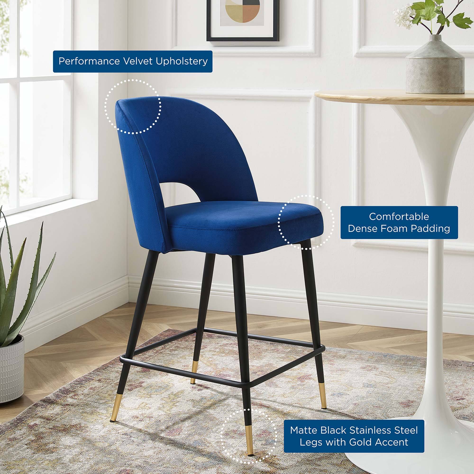 - Performance Velvet Upholstery
- Comfortable Dense Foam Padding
- Matte Black Stainless Steel Legs with Gold Accent