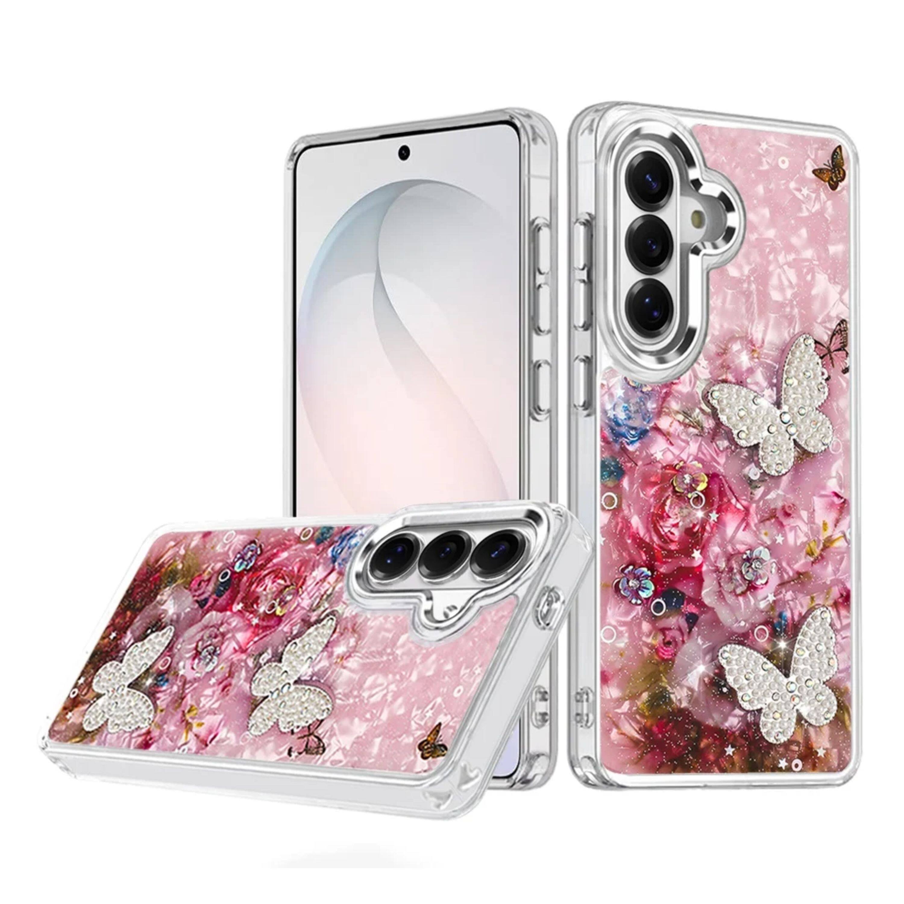 Angle. Kitcheniva - Epoxy Glitter 3D Beaded Butterflies Design Phone Case With Tempered Glass For Samsung Galaxy S26 Color B - Multicolor.