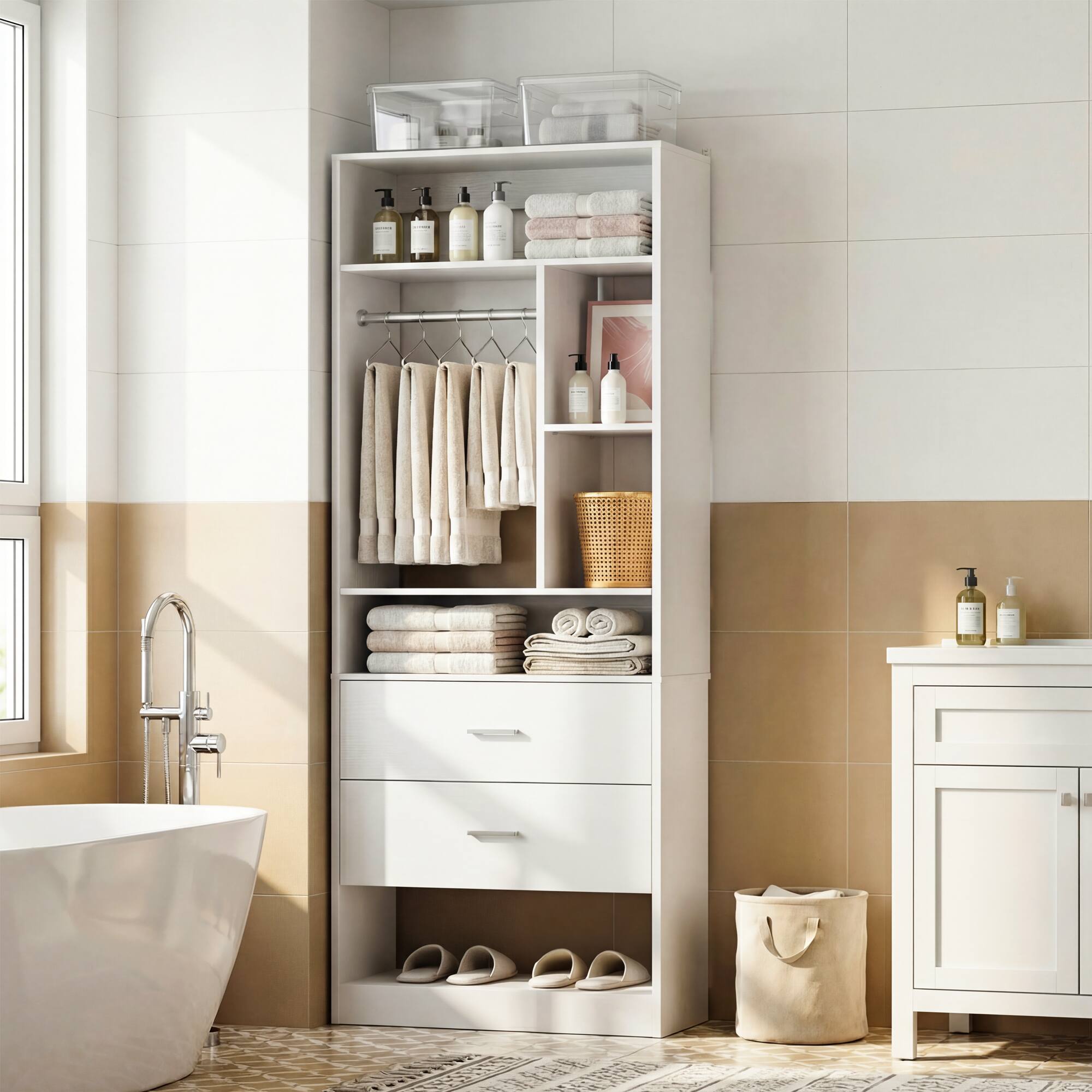 Aheaplus - Freestanding 24" Closet System with 2 Wood Drawers, 6 Shelves & Hanging Rod - Small Walk-in Organizer - White