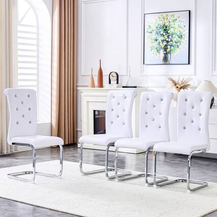 Front. Loheer - Faux Leather Dining Chairs Set of 4 Retro Alligator Skin Metal Bow Leg Elegant Seating - White.