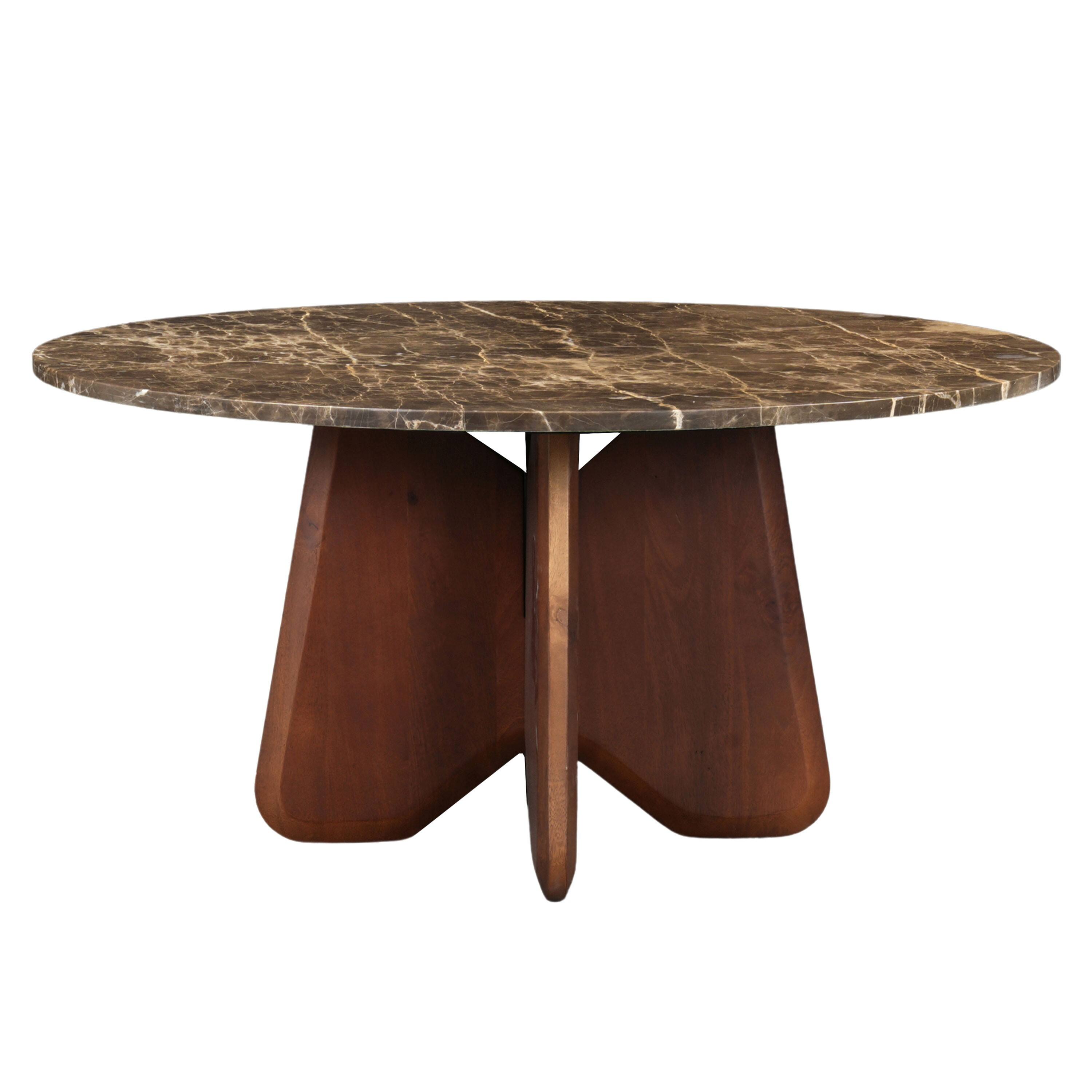 Angle. Manhattan Lane - Zena 36 Inch Round Coffee Table, Spanish Emperador Marble Top, Brown Mango Wood Cross Legs - Brown, Yellow.