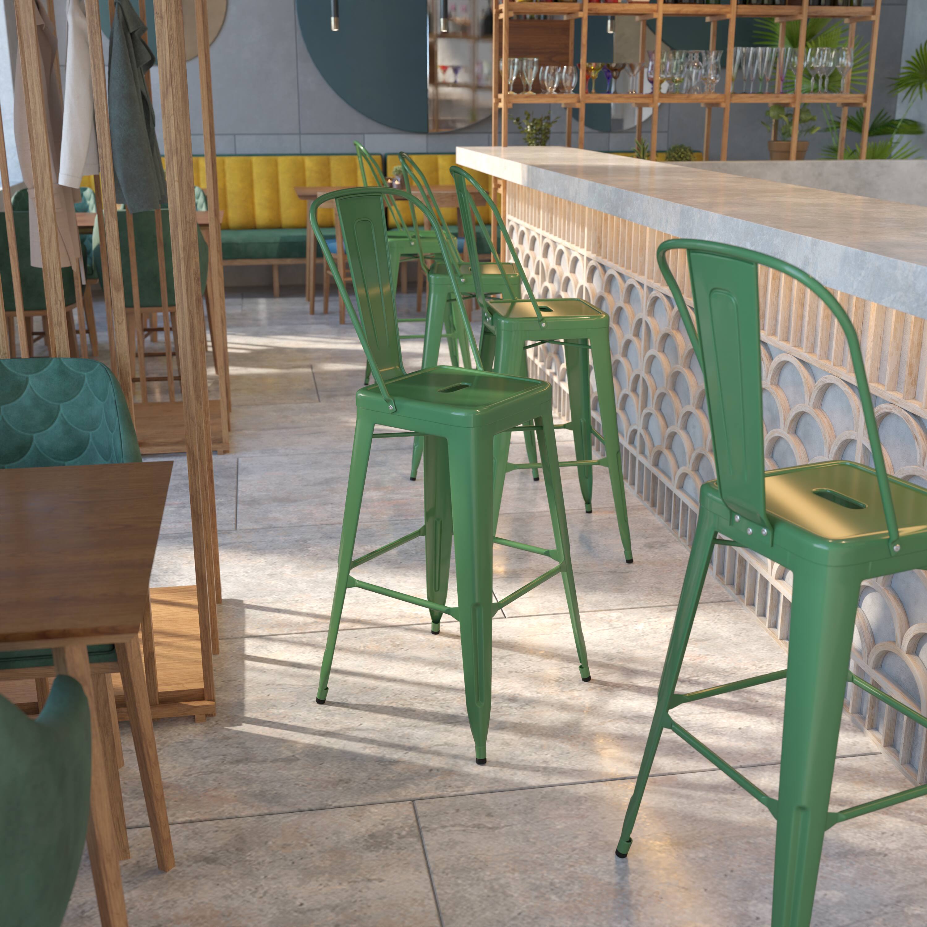 Alt View 1. Emma + Oliver - Commercial Grade 30"H Colorful Metal Indoor-Outdoor Barstool with Back - Green.