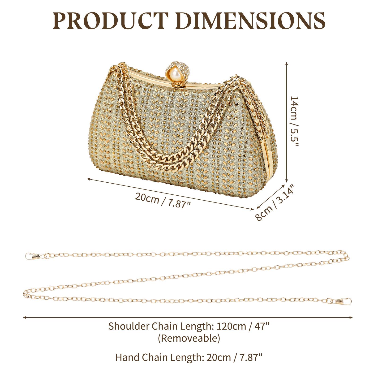 PRODUCT DIMENSIONS

- Height: 14cm / 5.5"
- Width: 20cm / 7.87"
- Depth: 8cm / 3.14"

Shoulder Chain Length: 120cm / 47" (Removable)

Hand Chain Length: 20cm / 7.87"