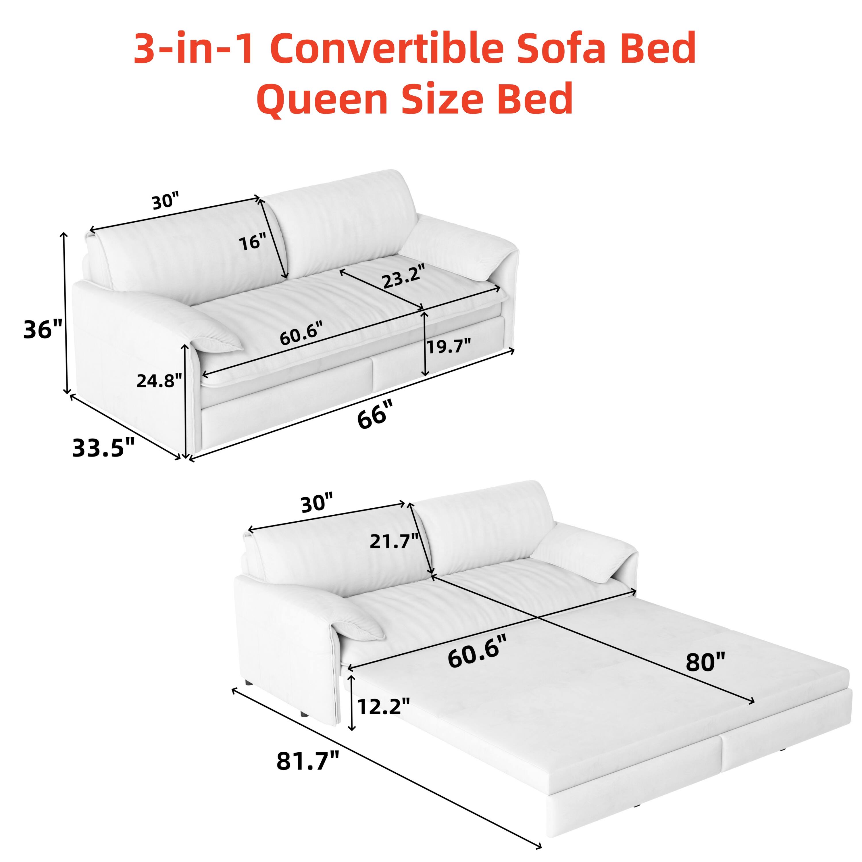 3-in-1 Convertible Sofa Bed Queen Size Bed

Dimensions:
- 36" x 30" x 16"
- 60.6" x 23.2" x 19.7"
- 24.8" x 33.5" x 66"
- 30" x 21.7" x 60.6"
- 12.2" x 80" x 81.7"