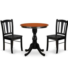 East West Furniture - 3-Piece Mid Century Dining Set Consist of Round Table and 2 Wooden Chairs with Slatted Back - Black - Multi-Color