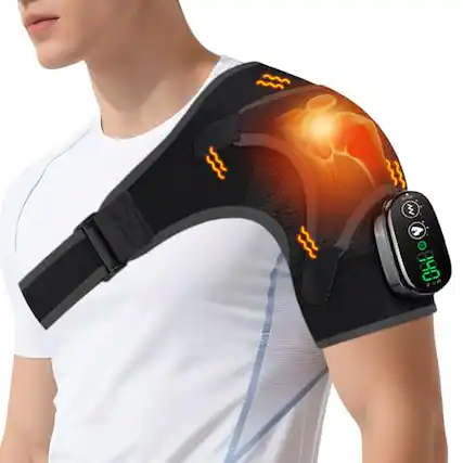 Front. DORLUKFU - Shoulder Heating Pad Massager, Cordless Heated Shoulder Wrap with Massage, Heated Shoulder Brace for Pain Relief, 3 Heat.