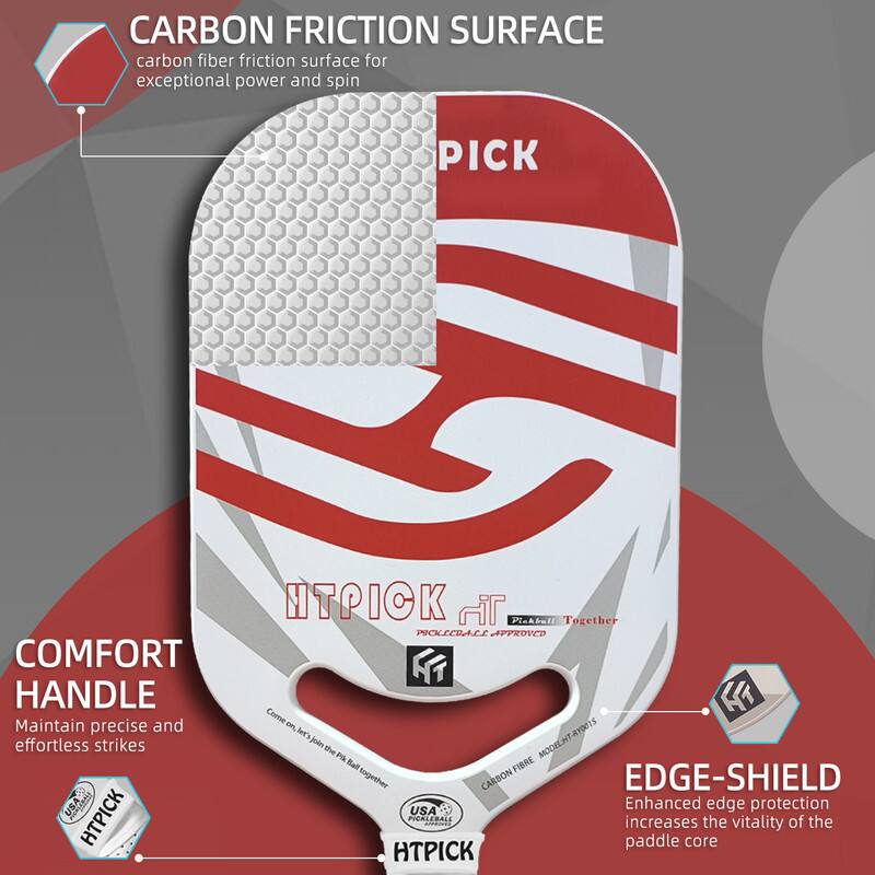 CARBON FRICTION SURFACE  
carbon fiber friction surface for exceptional power and spin  

COMFORT HANDLE  
Maintain precise and effortless strikes  

EDGE-SHIELD  
Enhanced edge protection increases the vitality of the paddle core  

HTPICK  
USA  
PICKBALL APPROVED  
MODEL: HT-RY0eiS  

PICKBALL Together  
Conhe n let's join the Pk Ball FIBRE