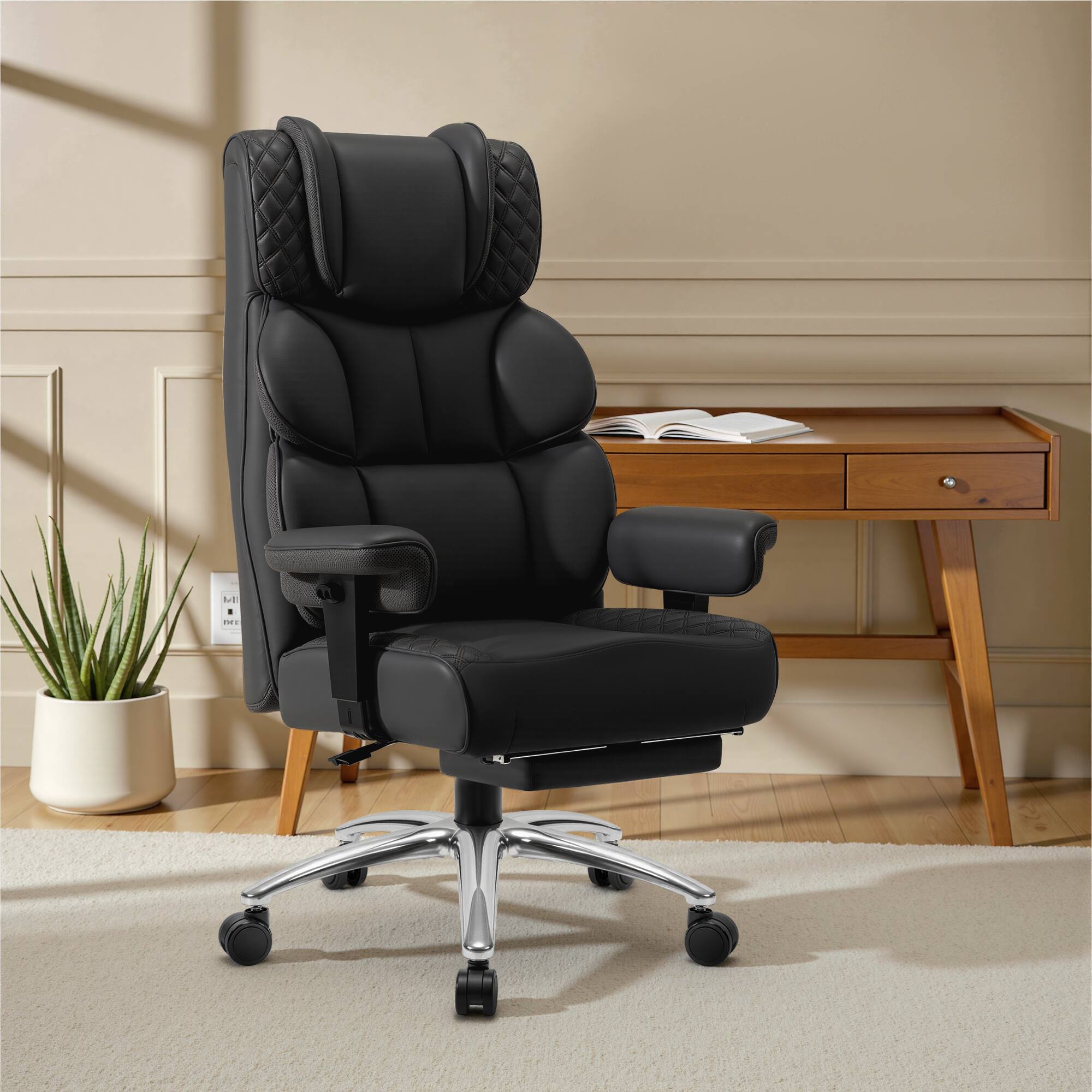 KERDOM - Big & Tall Executive Leather Office Chair with Footrest & Lumbar Support Pillow, High Back Reclining Chair, 360° Swivel - Black