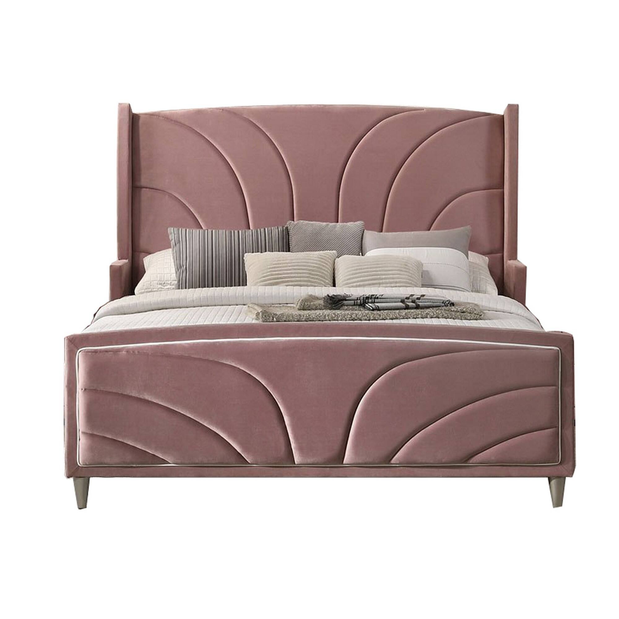 Alt View 1. Manhattan Lane - Kerith Modern Wood King Size Bed, Wingback Frame, Pink Velvet, Chrome Legs - Pink, Chrome.