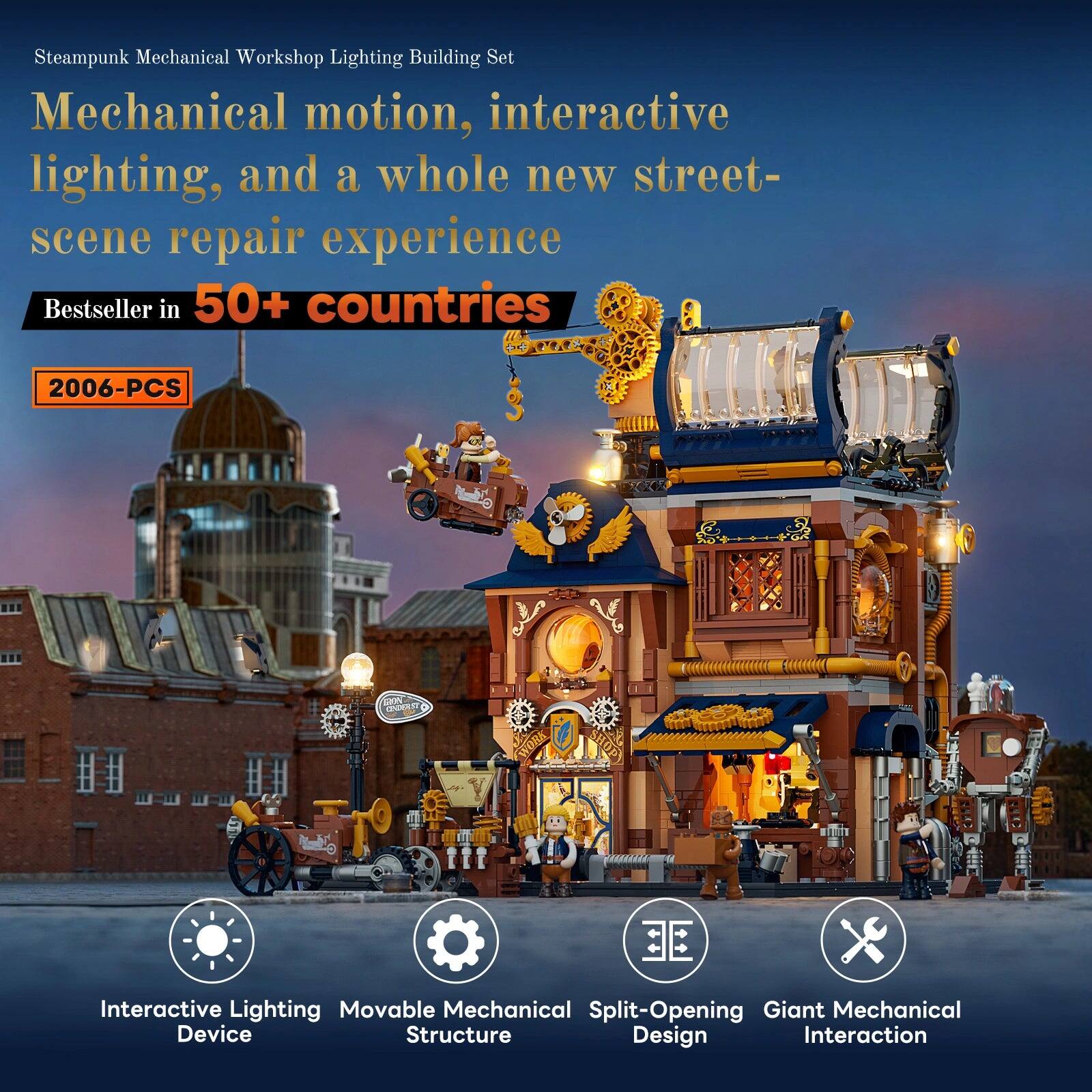 Steampunk Mechanical Workshop Lighting Building Set  
Mechanical motion, interactive lighting, and a whole new street-scene repair experience  
Bestseller in 50+ countries  
2006-PCS  

Interactive Lighting Movable Mechanical Split-Opening Giant Mechanical Device Structure Design Interaction