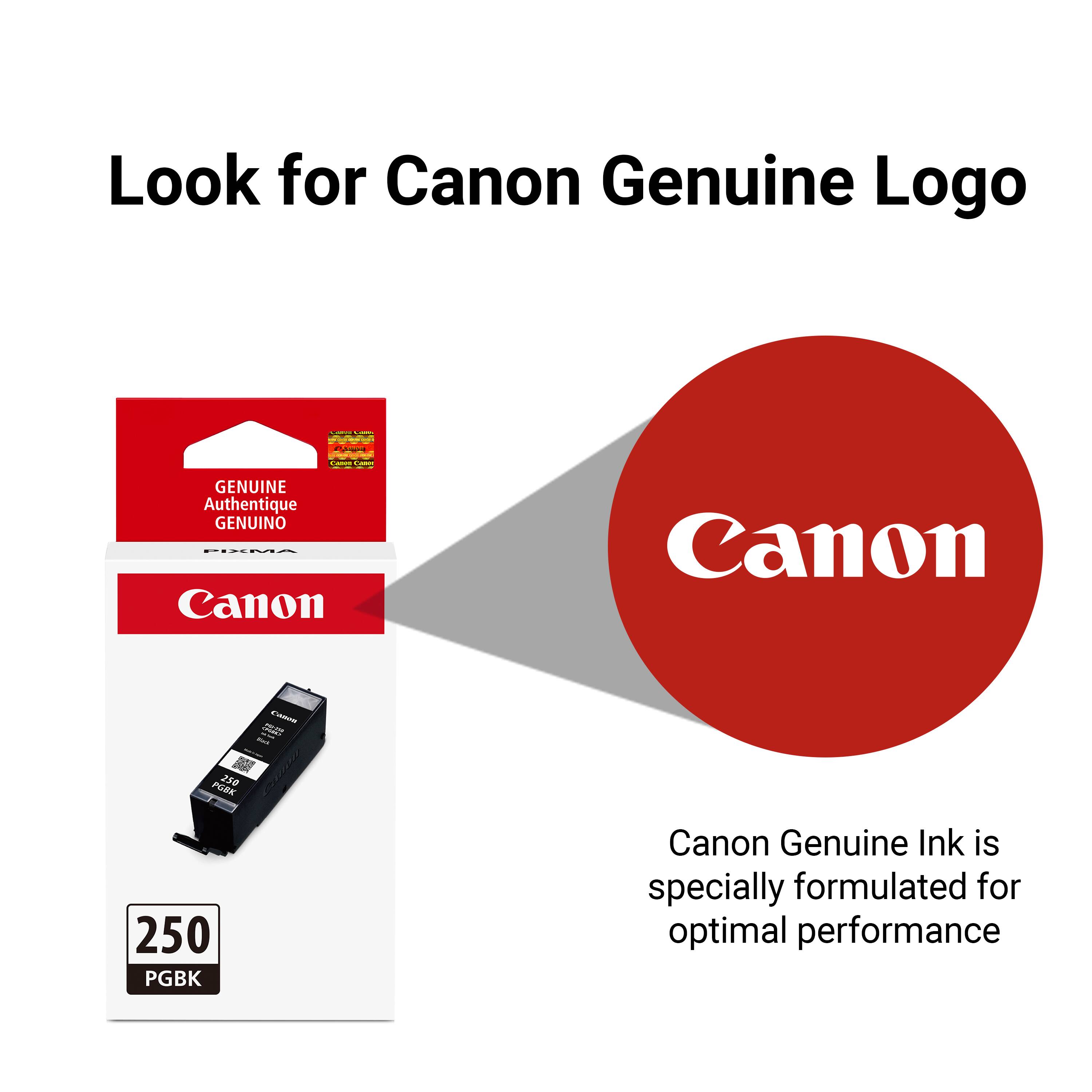 Look for Canon Genuine Logo

Canon Calories

GENUINE Authentique GENUINO PIXMA Canon

Canon
Canox = Bask
PGBK 250
250 PGBK

Canon Genuine Ink is specially formulated for optimal performance