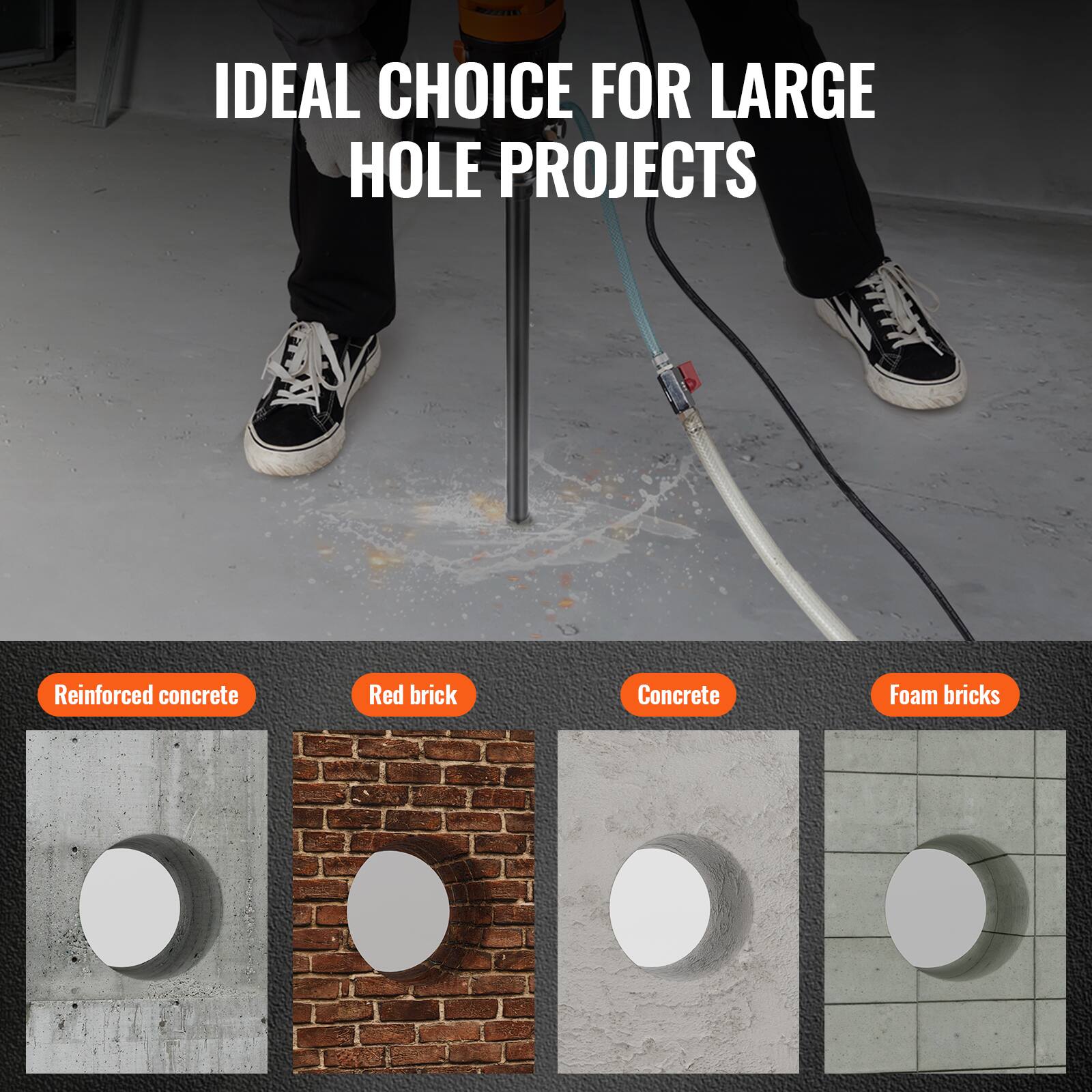 IDEAL CHOICE FOR LARGE HOLE PROJECTS

- Reinforced concrete
- Red brick
- Concrete
- Foam bricks