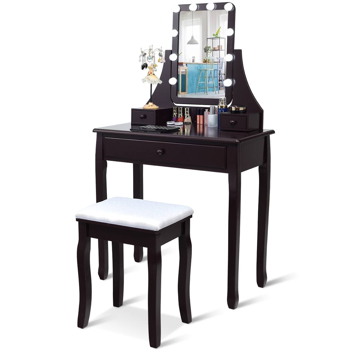 Front. Costway - Costway Vanity Table 10 Dimmable Bulbs Makeup Dressing Desk - Brown.