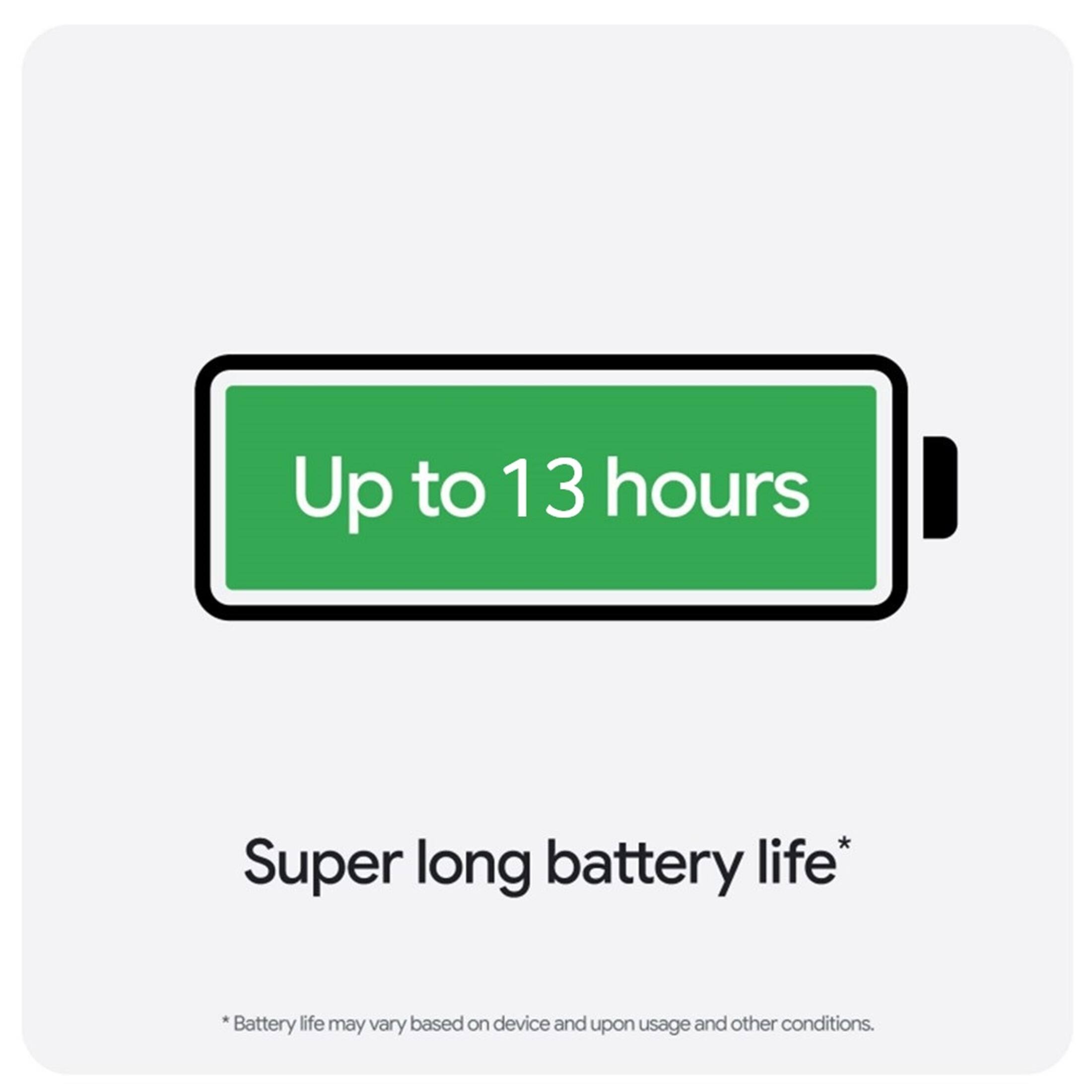 Up to 13 hours of super long battery life. Battery life may vary based on the device and usage conditions.