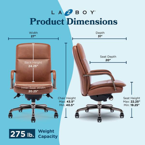 LA Z BOY Product Dimensions  
Width: 27"  
Depth: 31"  
Back Height: 24.25"  
Seat Depth: 20"  
Inner Seat Width: 20.25"  
Chair Height: Max: 43.5" Min: 40.5"  
Seat Height: Max: 22.25" Min: 19.25"  
Weight Capacity: 275 lb.