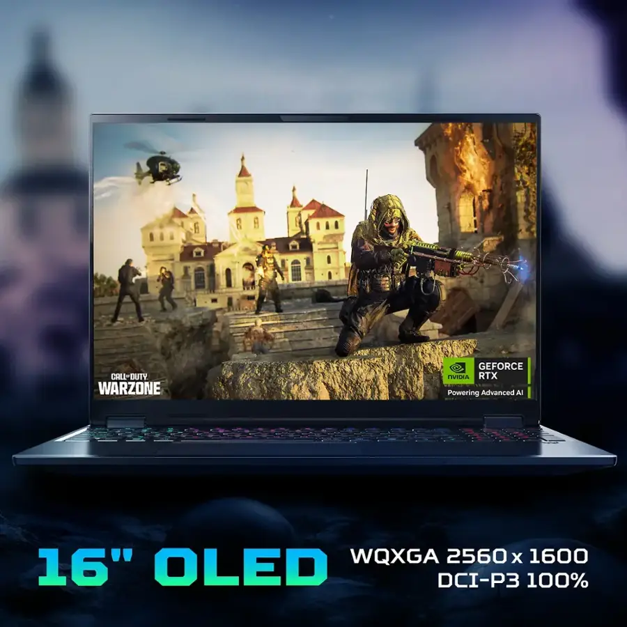 The text on the image reads: "Call of Duty Warzone GeForce RTX Powering Advanced AI WQXGA 2560 x 1600 16" OLED DCI-P3 100%."