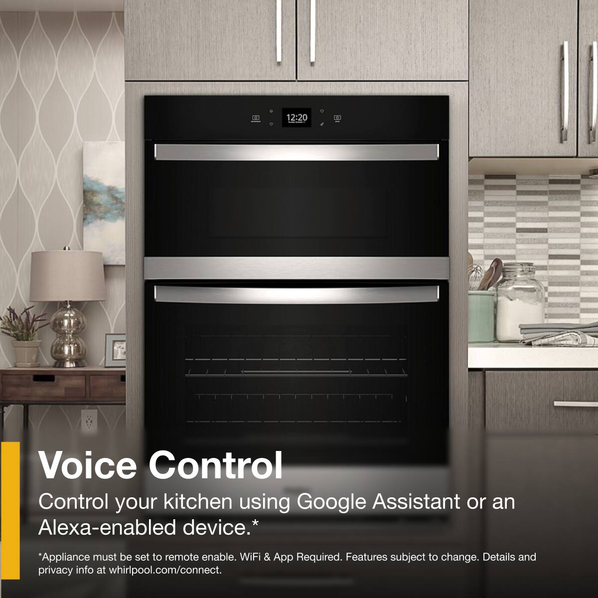 Voice Control  
Control your kitchen using Google Assistant or an Alexa-enabled device.*  
*Appliance must be set to remote enable. WiFi & App Required. Features subject to change. Details and privacy info at whirlpool.com/connect.
