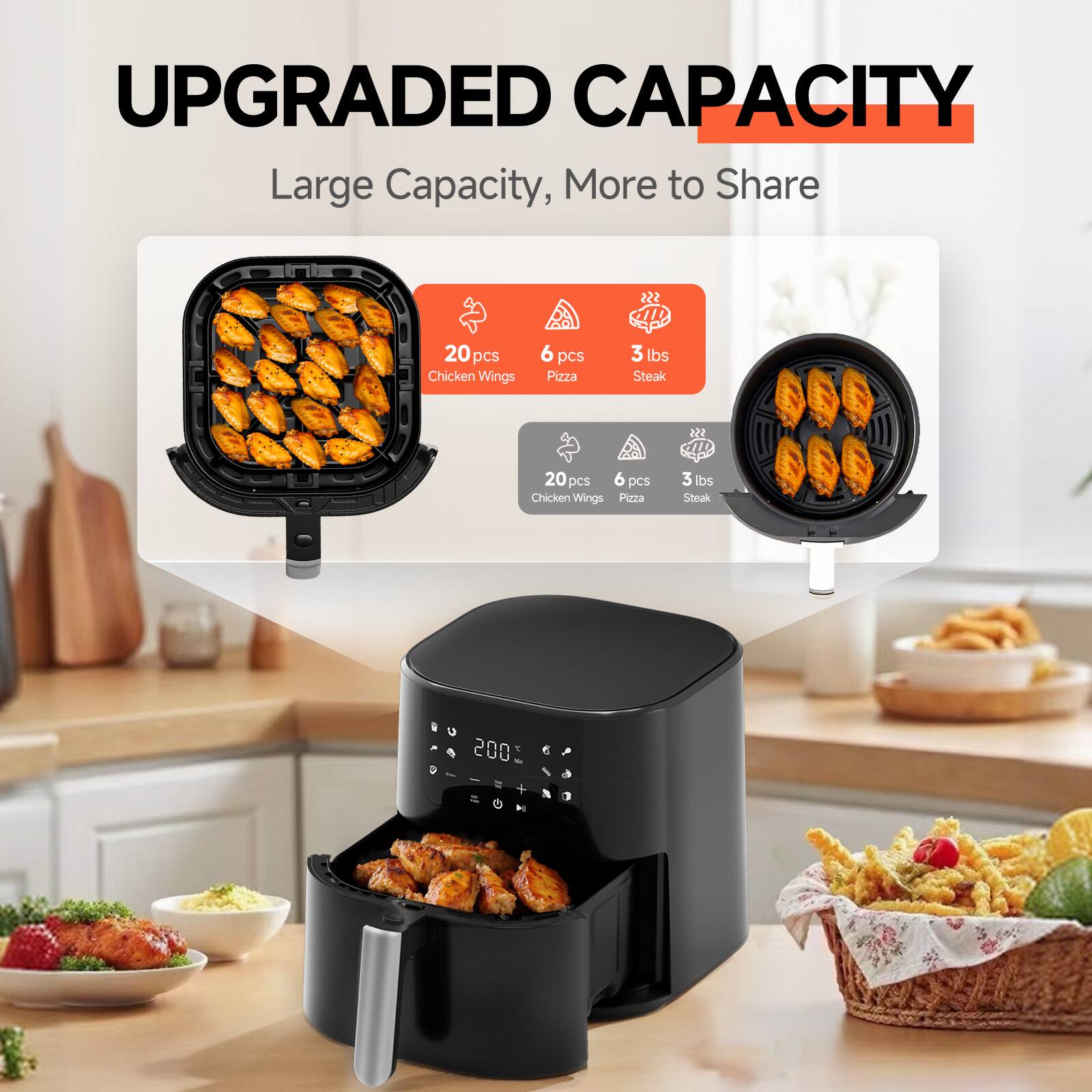 UPGRADED CAPACITY  
Large Capacity, More to Share  

20 pcs Chicken Wings  
6 pcs Pizza  
3 lbs Steak  

20 pcs Chicken Wings  
6 pcs Pizza  
3 lbs Steak