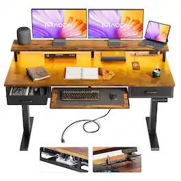 AODK - Standing Desk with Storage Drawers, Keyboard Tray, Power Outlets and LED Lights - Brown