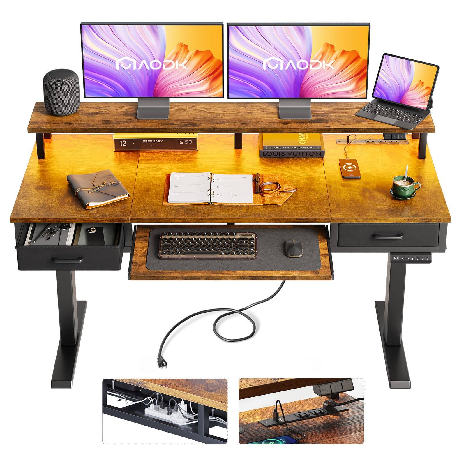 AODK - Standing Desk with Storage Drawers, Keyboard Tray, Power Outlets and LED Lights - Brown
