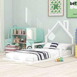 Loheer - Twin Floor Bed with House Shaped Headboard Wood - White