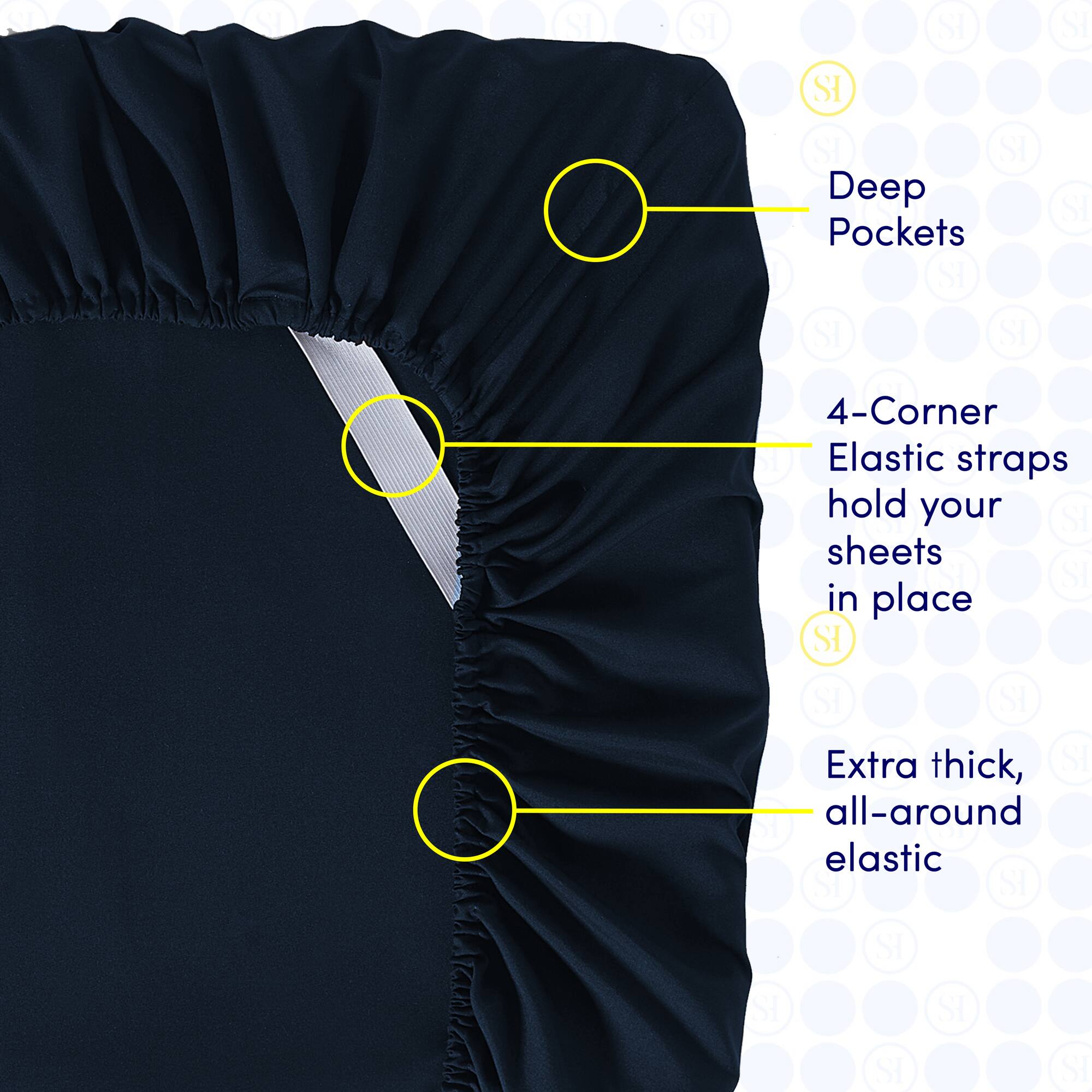 - Deep Pockets
- 4-Corner Elastic straps hold your sheets in place
- Extra thick, all-around elastic