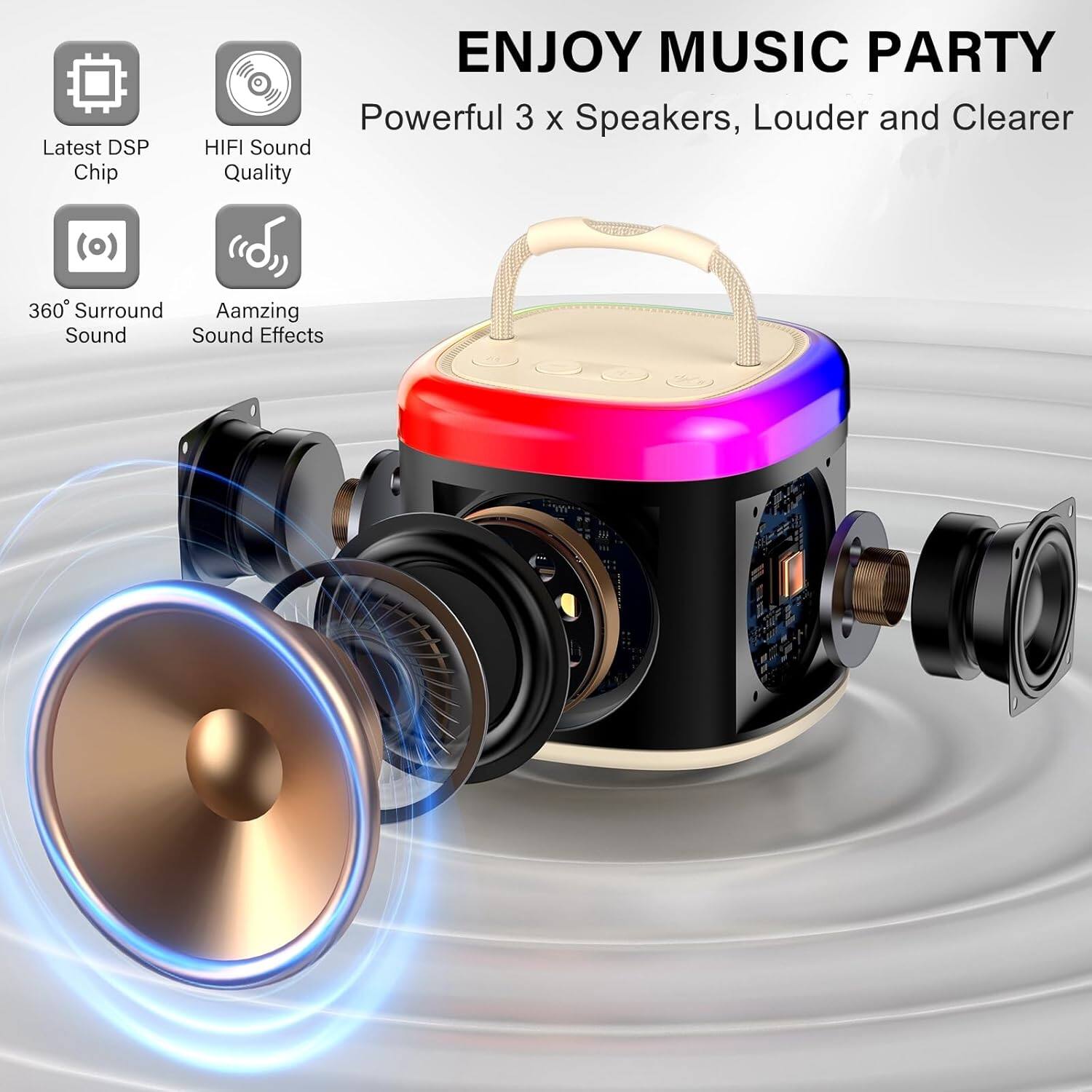 ENJOY MUSIC PARTY

Powerful 3 x Speakers, Louder and Clearer

- Latest DSP Chip
- HiFi Sound Quality
- 360° Surround Sound
- Amazing Sound Effects