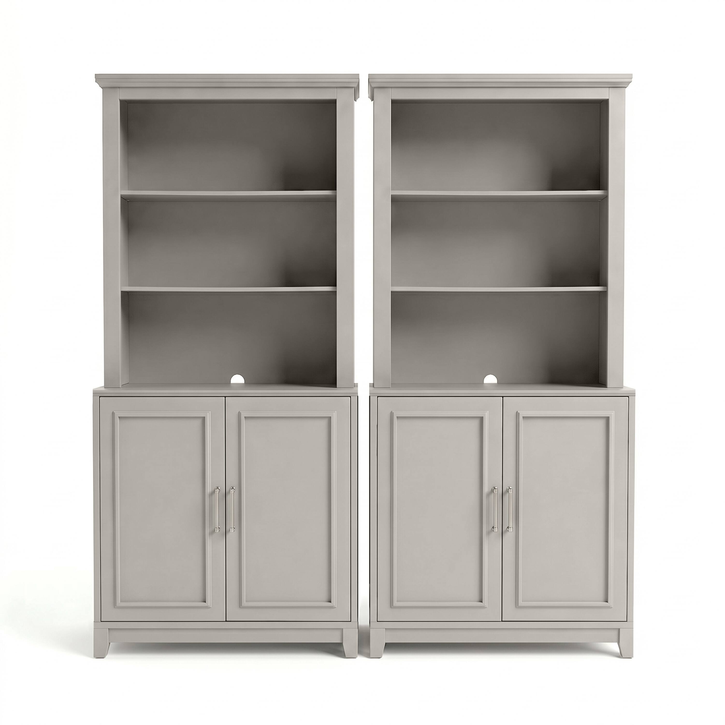 Alt View 1. Martha Stewart - Lily Pond 4-Piece Modular Cabinet and Hutch Set with Premium Hardware, Open Top Shelves, Soft-Close Doors - Sharkey Gray/Brushed Stainless Steel Hardware.