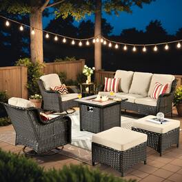 Ovios - 7 PCS Patio Furniture Conversation Set with 30" Fire Pit High Back Swivel Chair & Side Table - Beige(Brown Wicker)